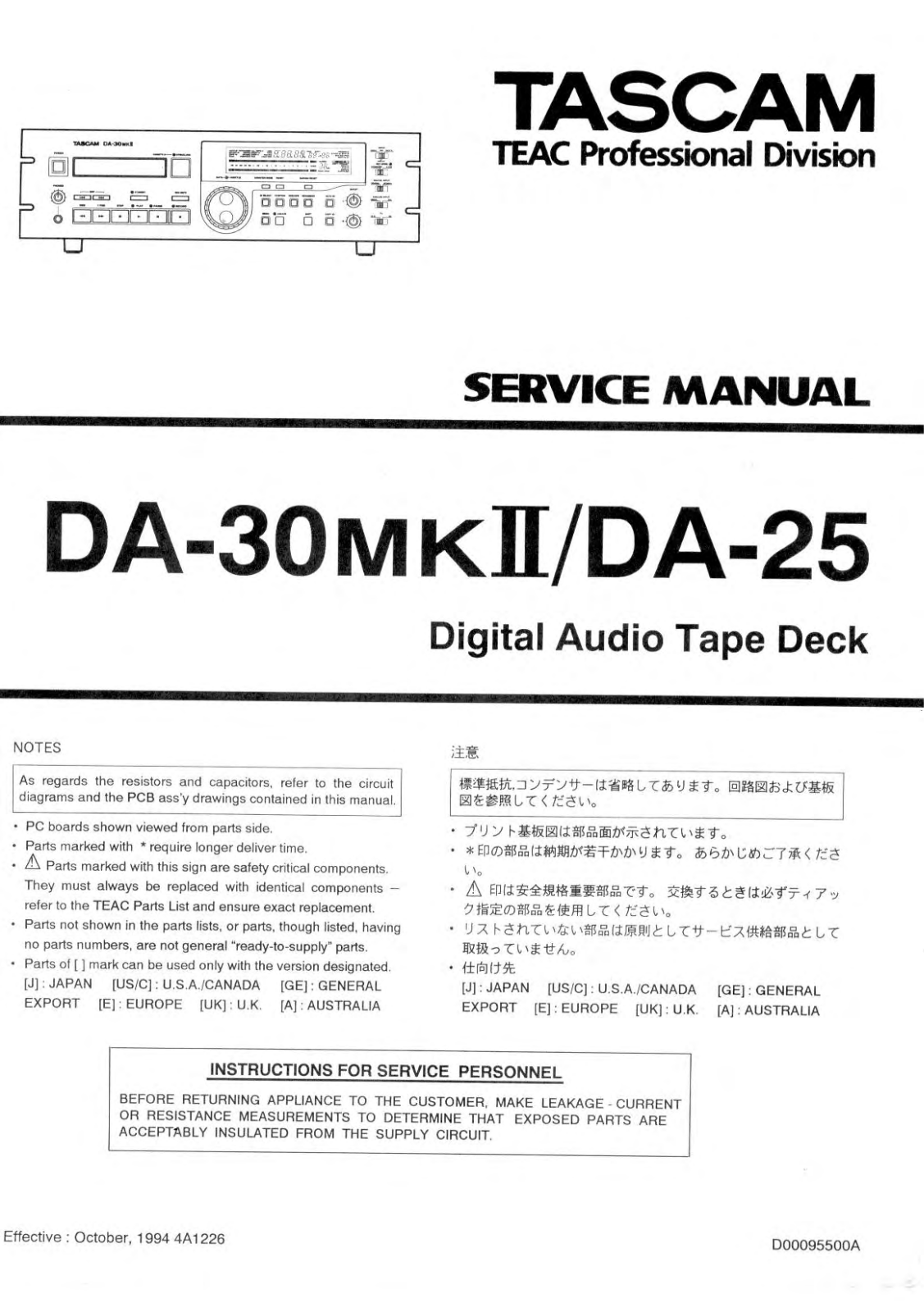 Tascam DA-30 Mk2, DA-25 Service manual