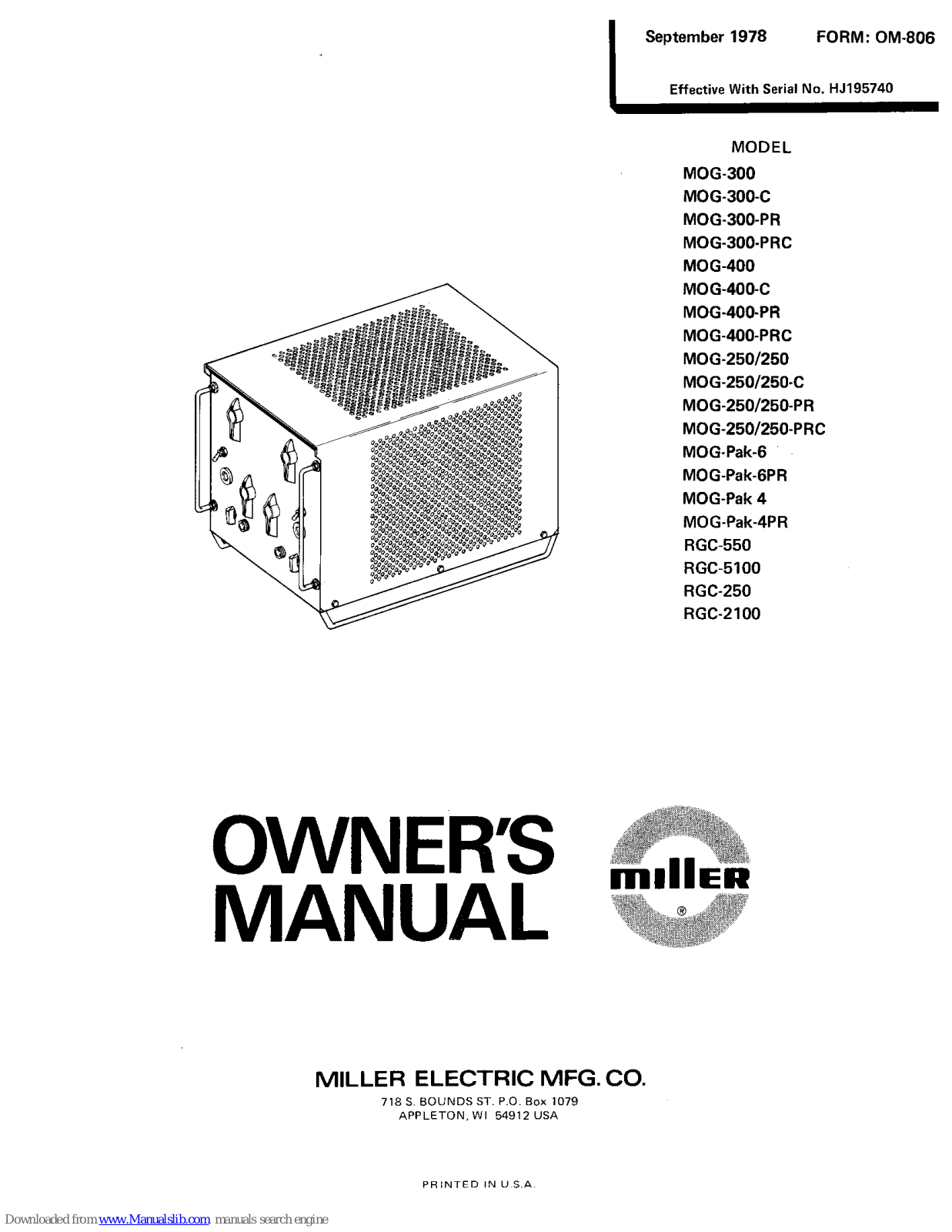 Miller Electric MOG-400, MOG-300-C, MOG-300-PR, MOG-300-PRC, MOG-400-C Owner's Manual