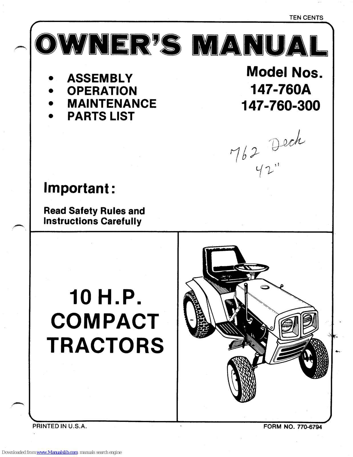 MTD 147-760-300, 147-760A Owner's Manual