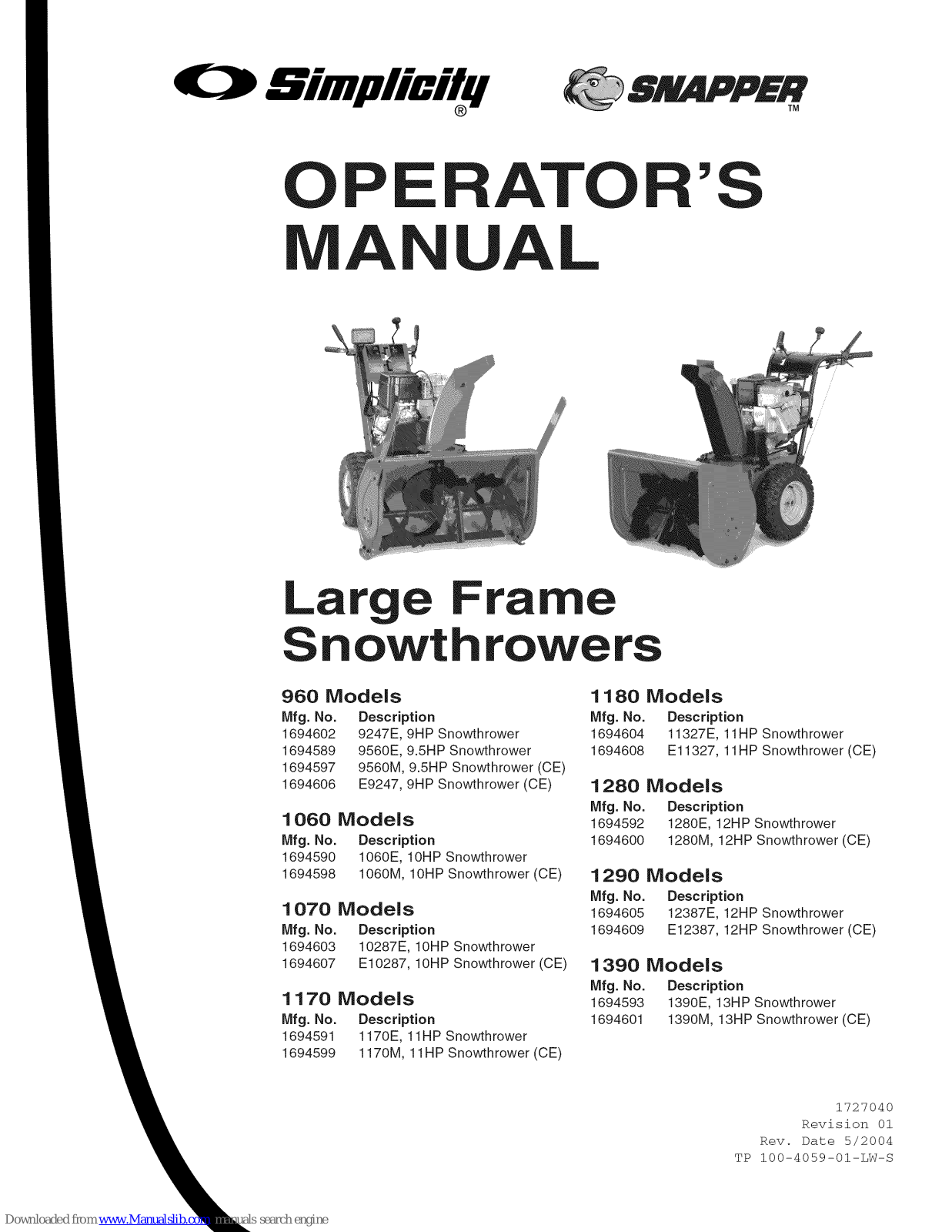 Simplicity 1694602, 1694589, 1694597, 1694606, 1694590 Operator's Manual - ManualMachine.com