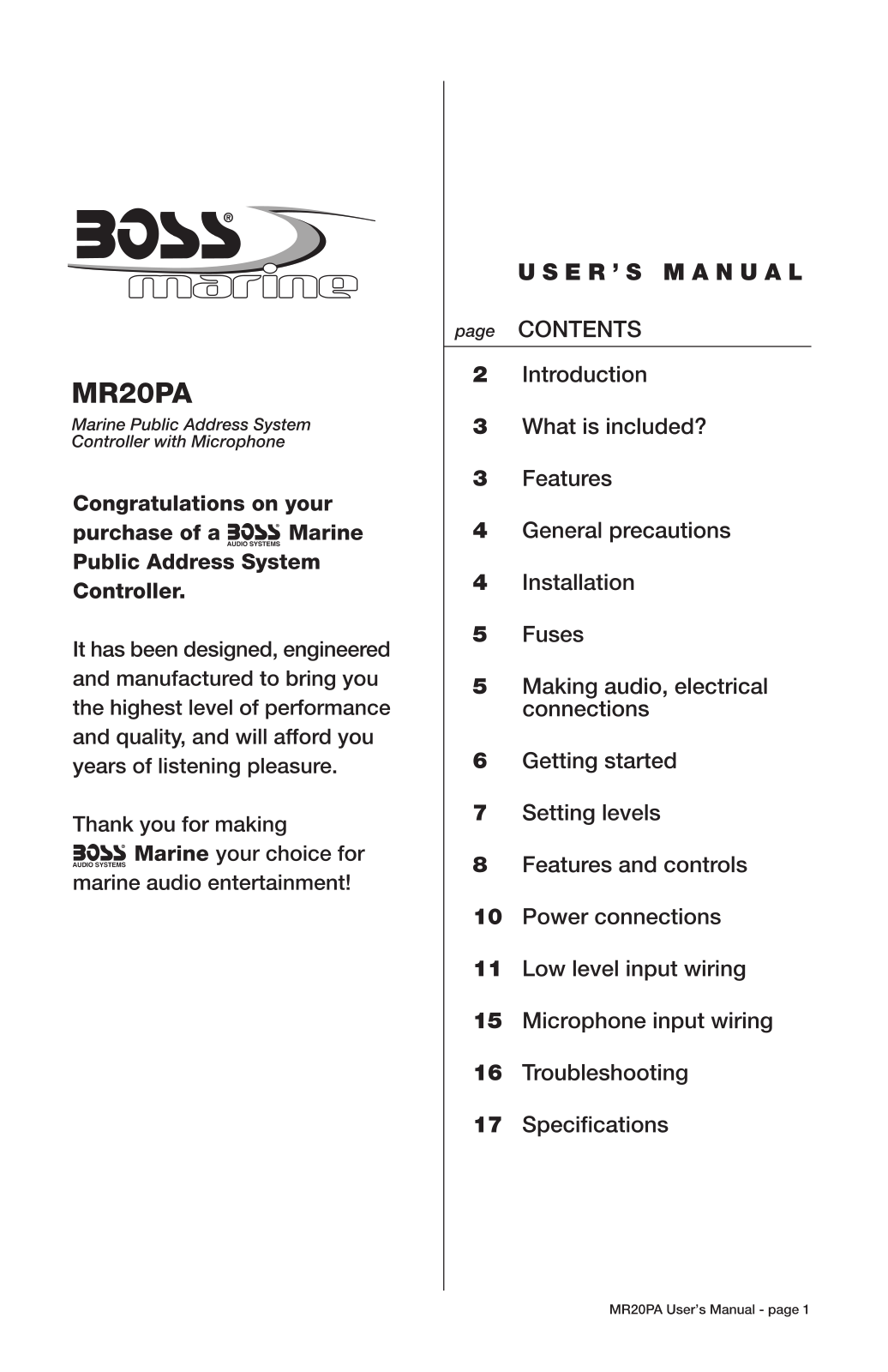 Boss Audio MR20PA User Manual