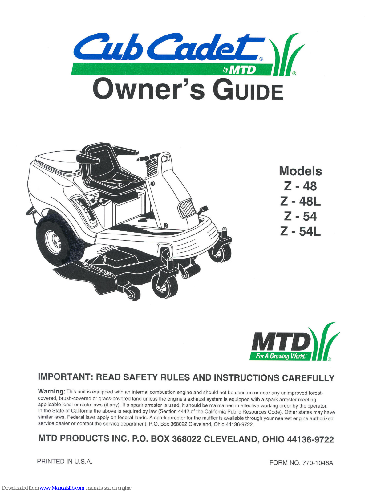 MTD Cub Cadet Z-48, Cub Cadet Z-48L, Cub Cadet Z-54, Cub Cadet Z-54L Owner's Manual