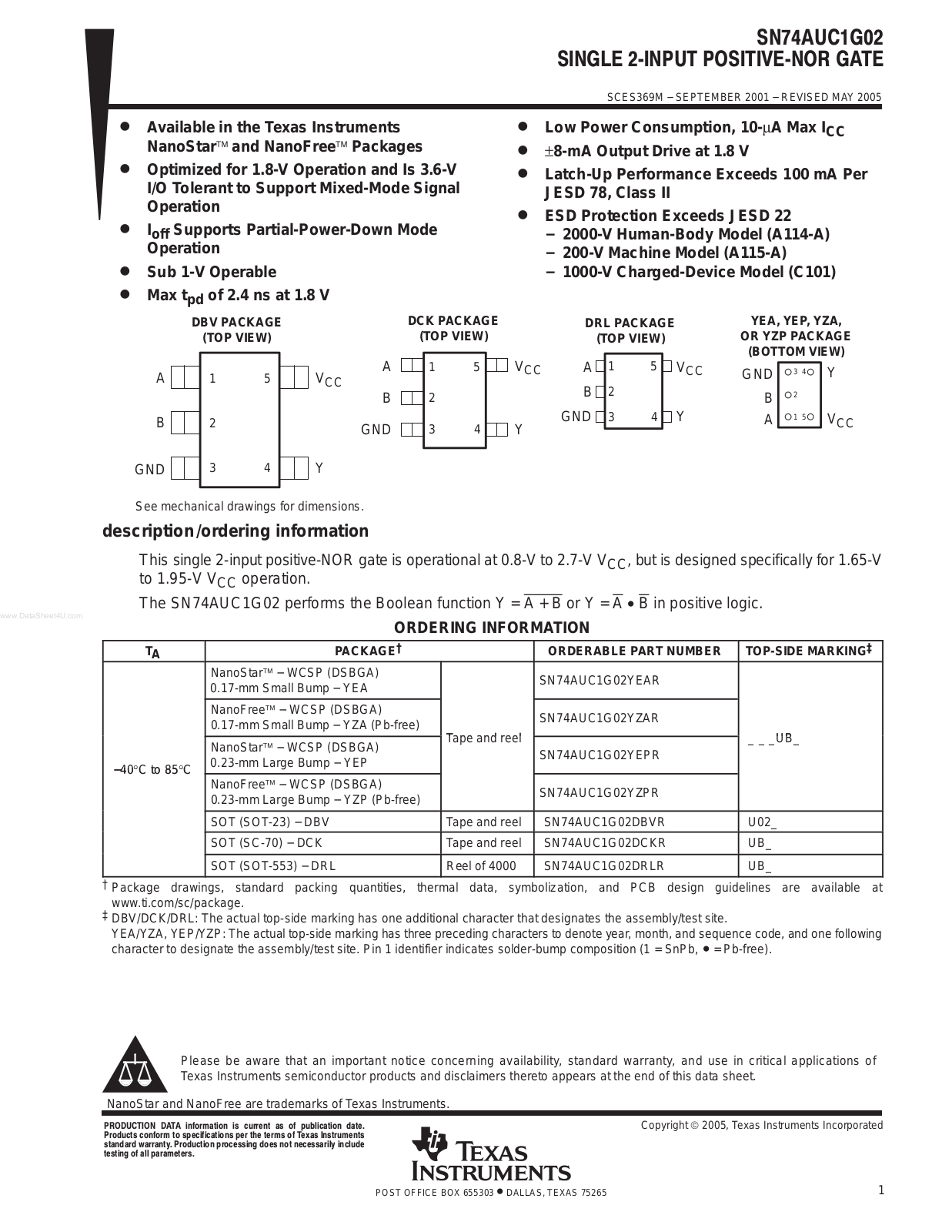 Texas Instruments SN 74 AUC 1 G 02 INSTALLATION INSTRUCTIONS