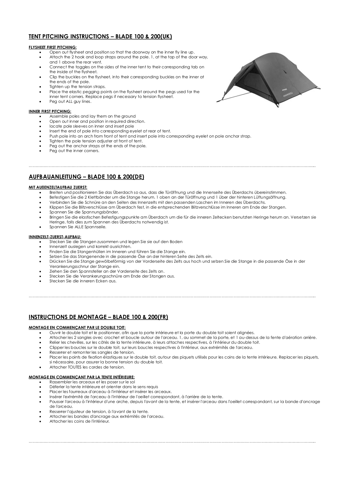 Vango Blade 200, Blade 100 User Manual