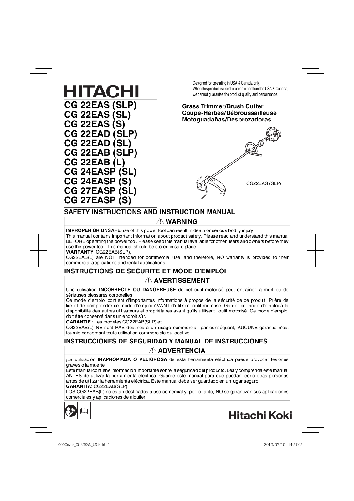 Hitachi CG 22SLP, CG 22EAD SLP, CG 22S, CG 22SL, CG 22EAB Safety Instructions And Instruction Manual