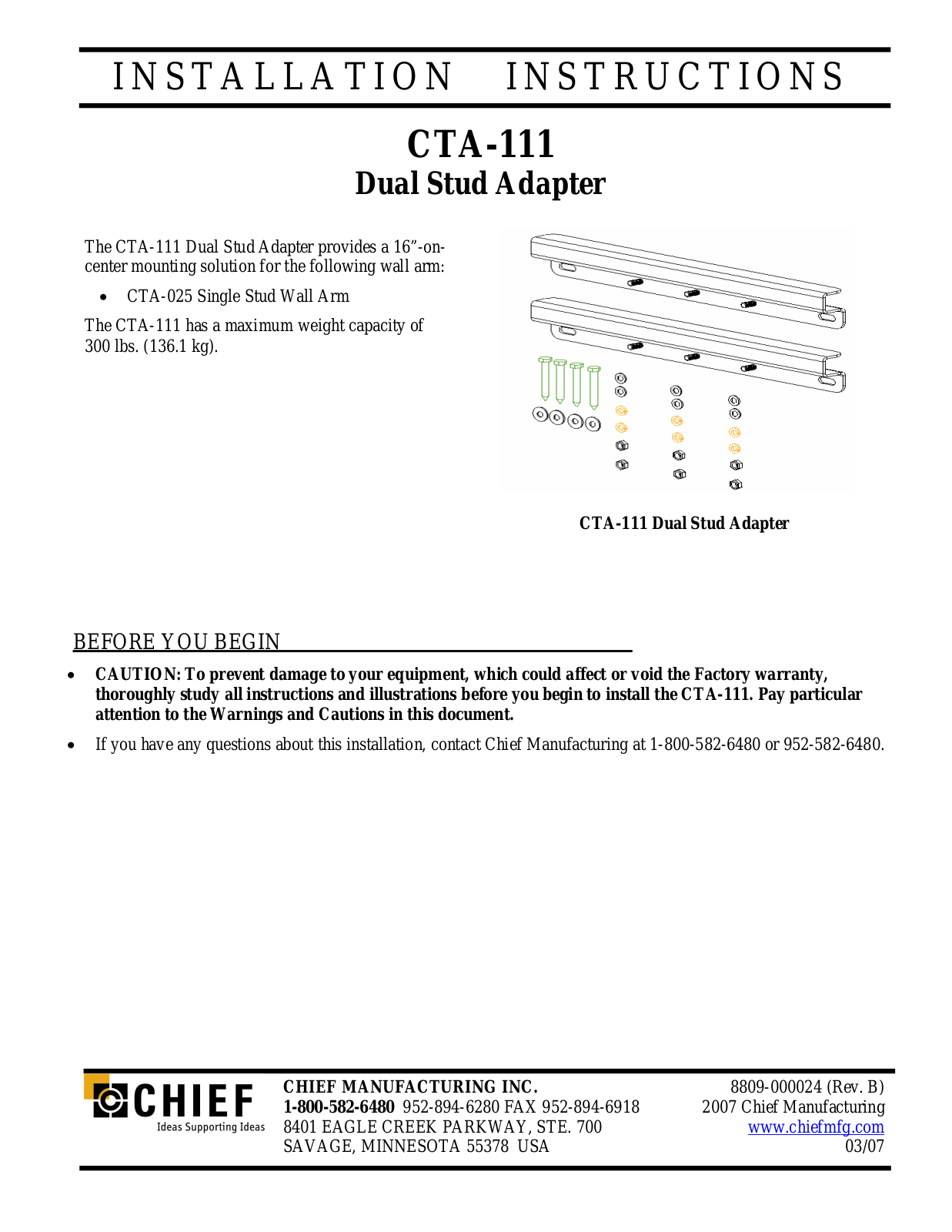 Chief Manufacturing CTA-111 User Manual