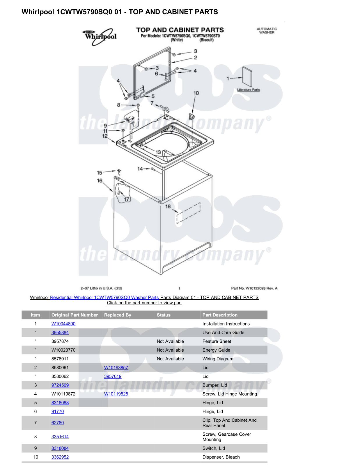 Whirlpool 1CWTW5790SQ0 Parts Diagram