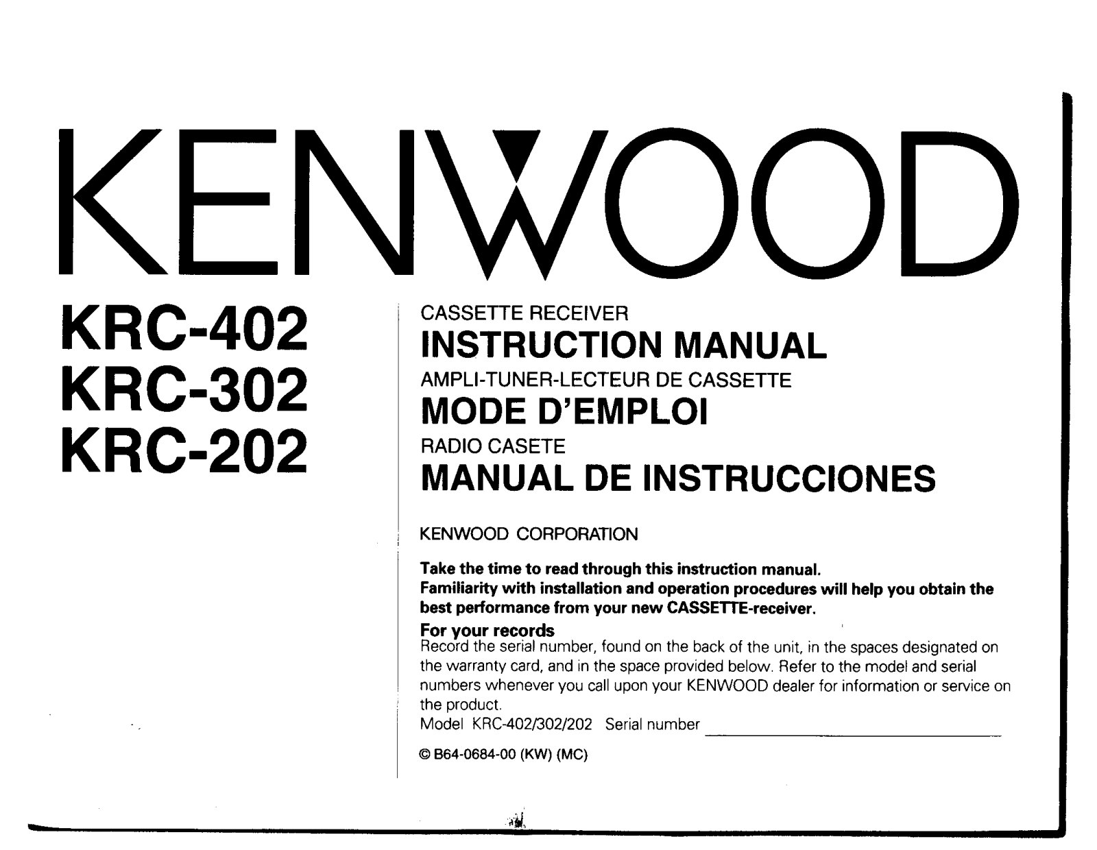 Kenwood KRC-402, KRC-202, KRC-302 Owner's Manual