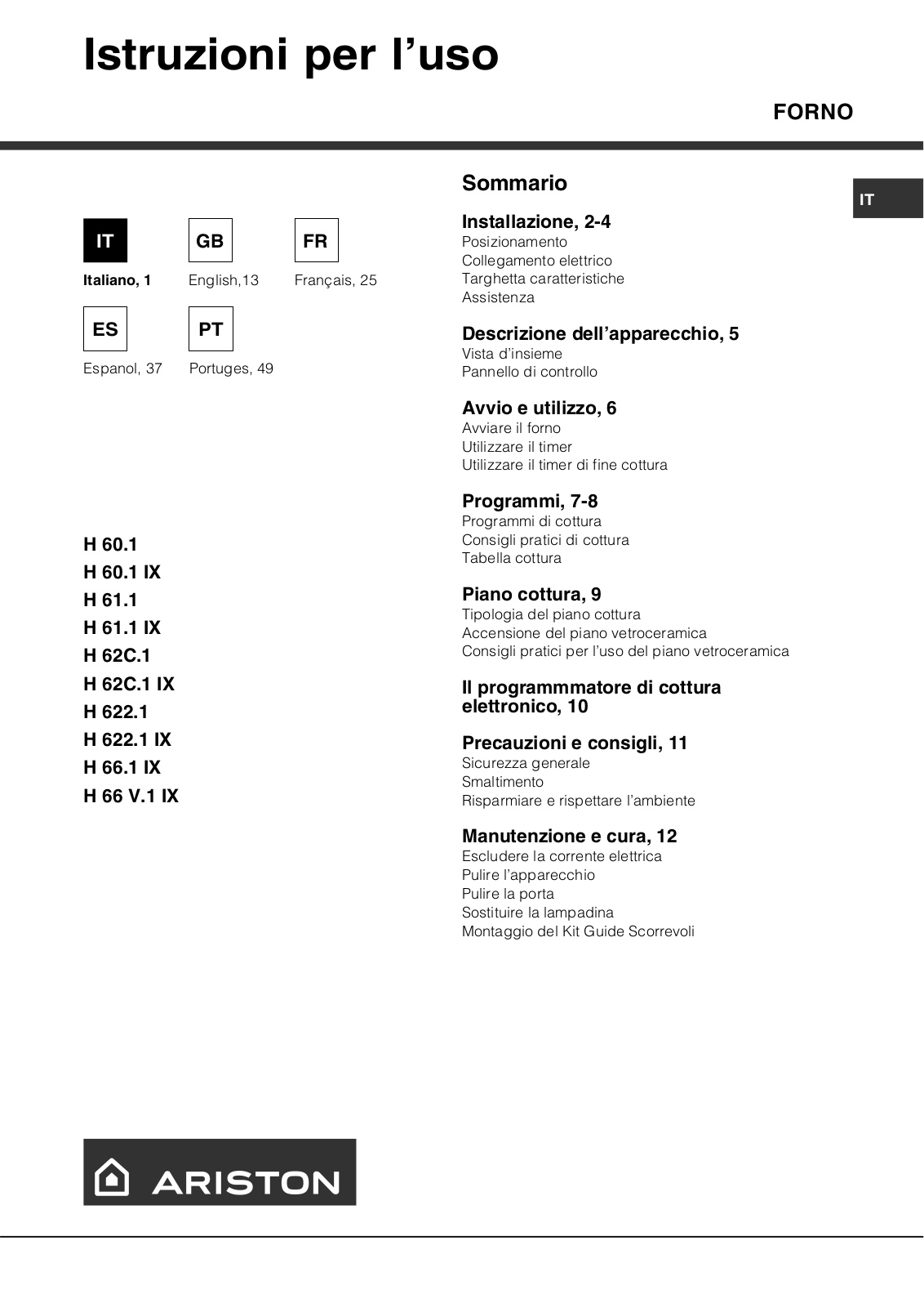 Hotpoint H 62 C.1 IX, H 61.1 IX, H 622.1 IX User Manual