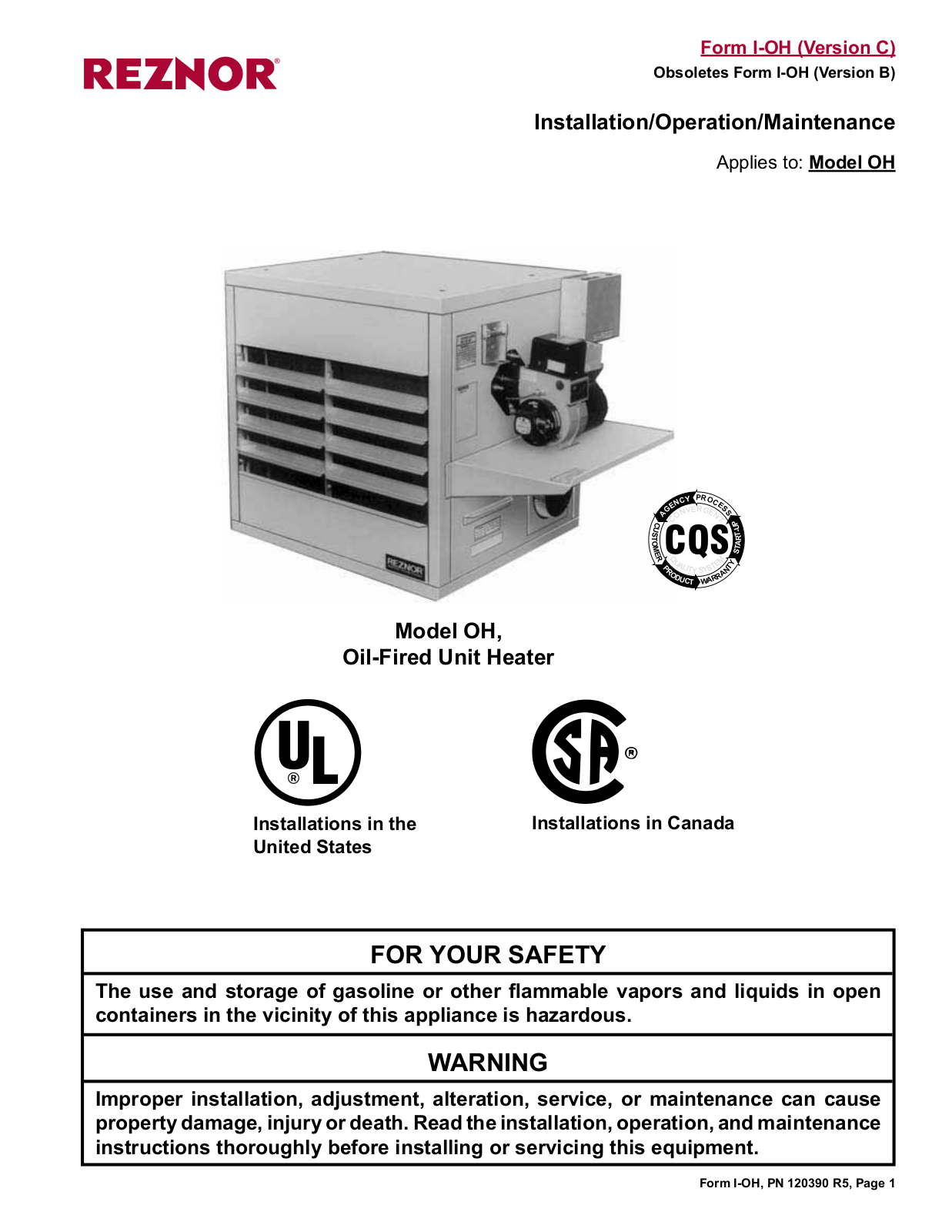 Reznor OH Unit User Manual