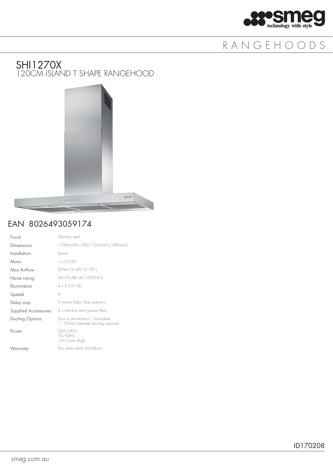 Smeg SHI1270X Specifications Sheet