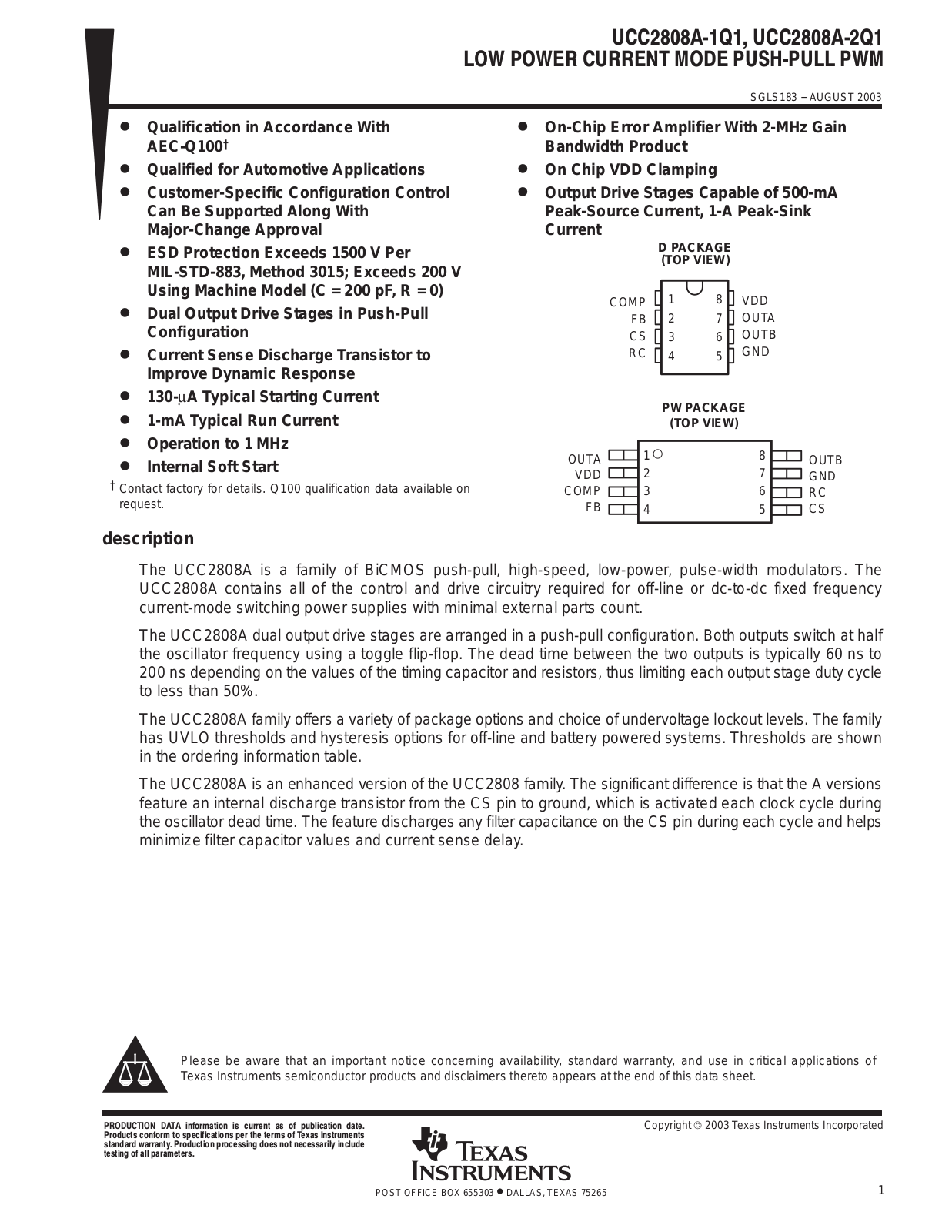 TEXAS INSTRUMENTS UCC2808A-1Q1 Technical data