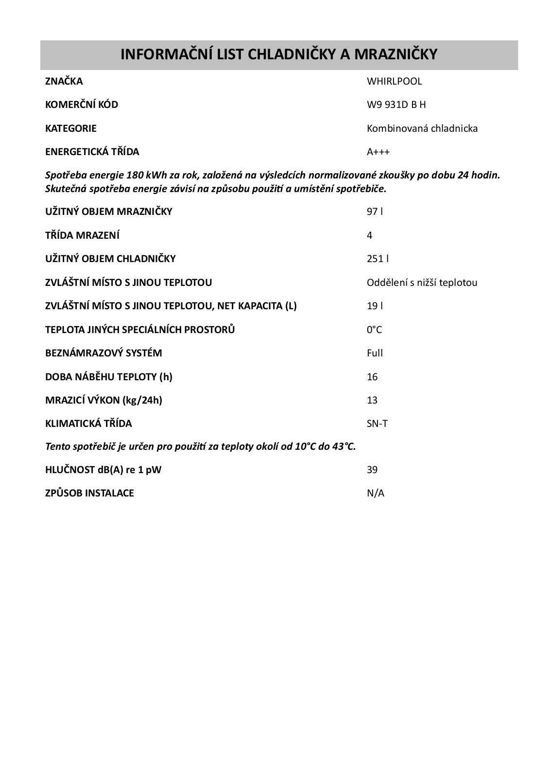 Whirlpool W Collection W9 931D B H User Manual