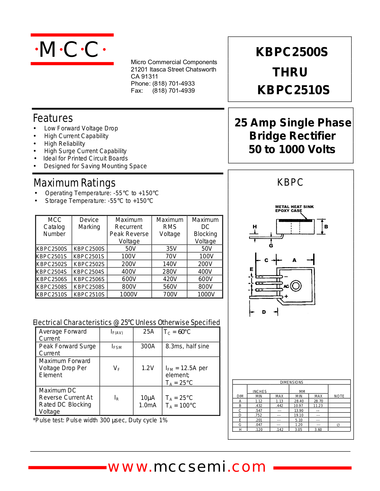 MCC KBPC2510S, KBPC2502S, KBPC2508S, KBPC2500S, KBPC2506S Datasheet