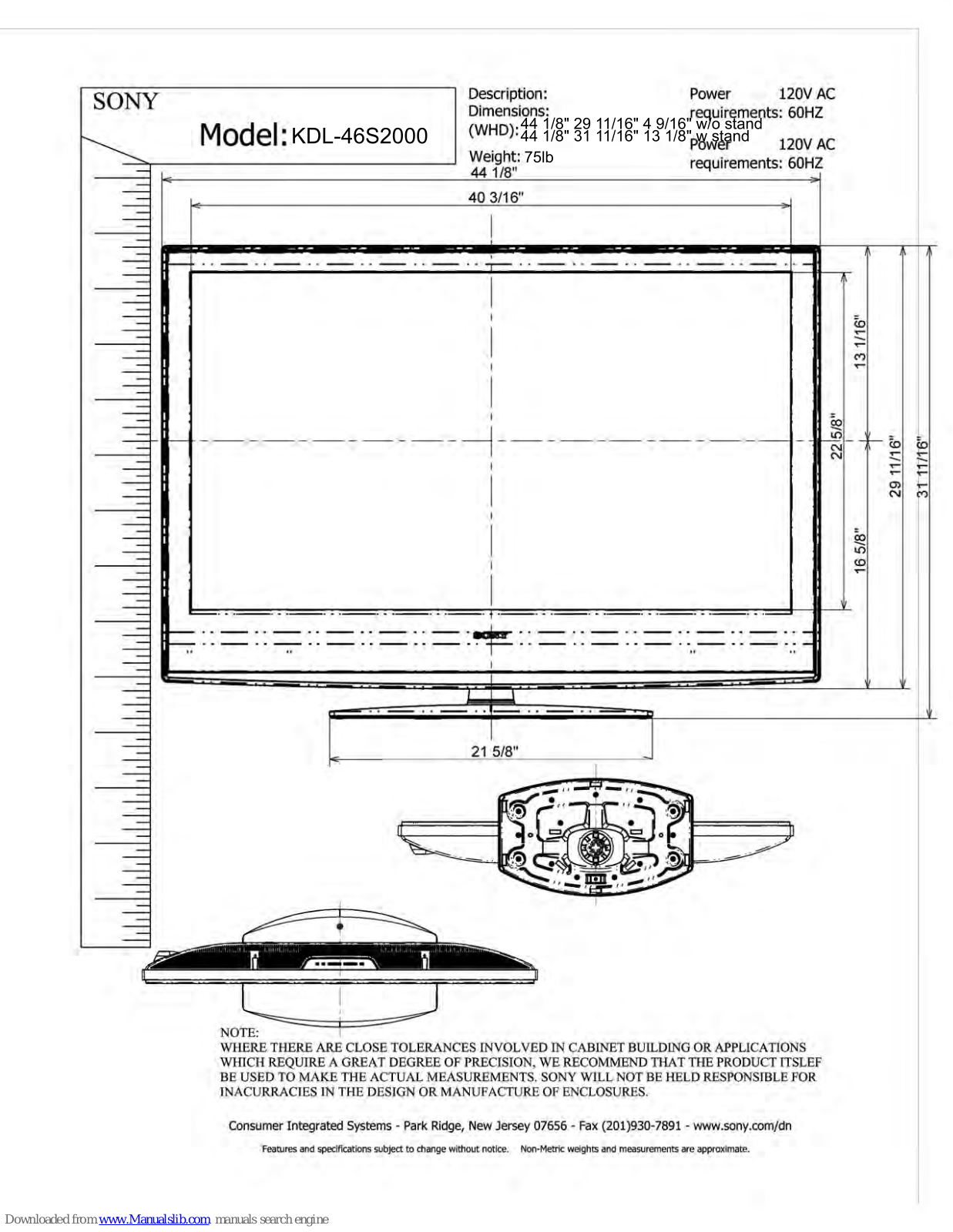 Sony KDL-46S2000 - Bravia&trade, Lcd Hdtv Dimensions