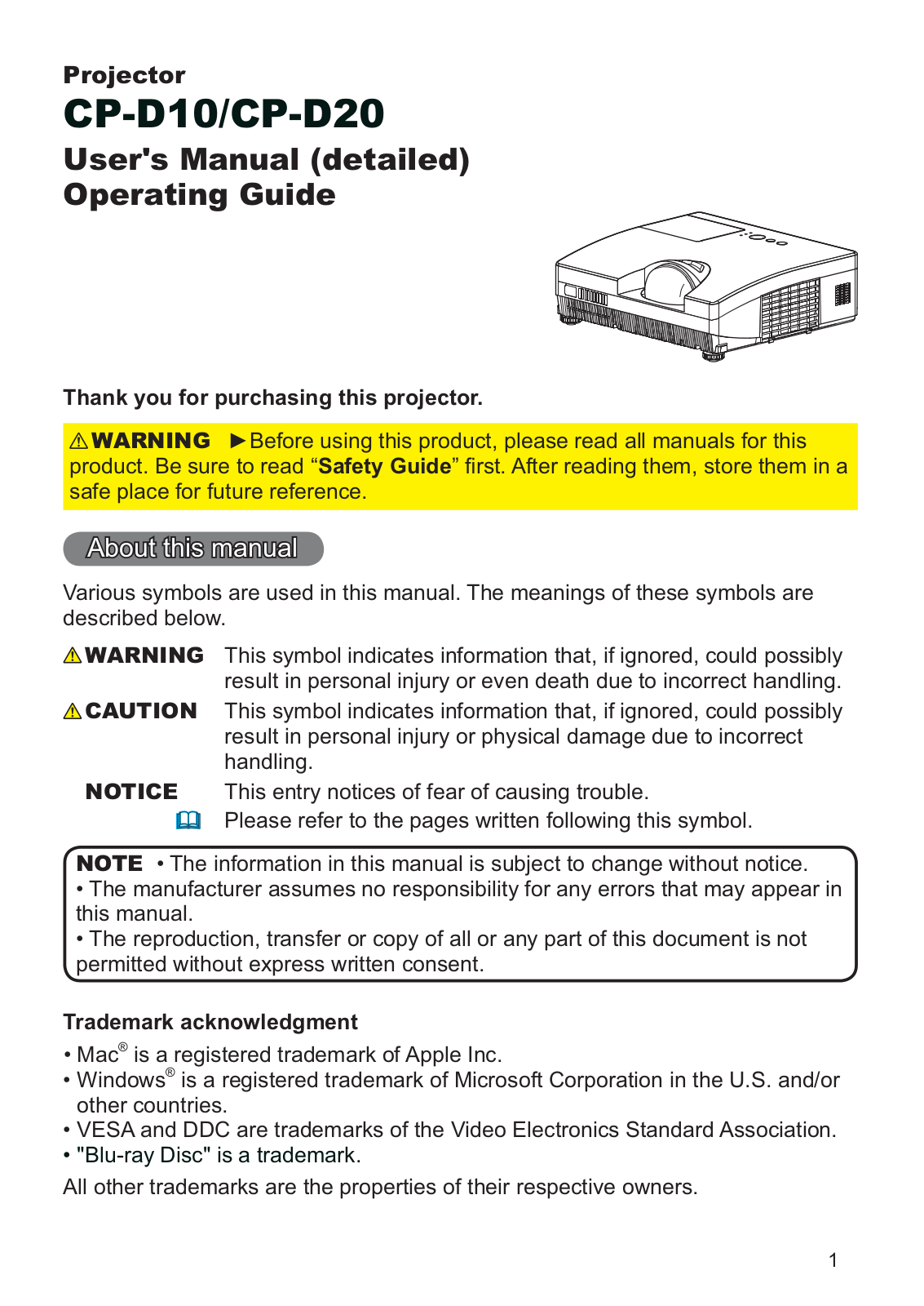 Hitachi CP-D10, CP-D20 Operating Guide