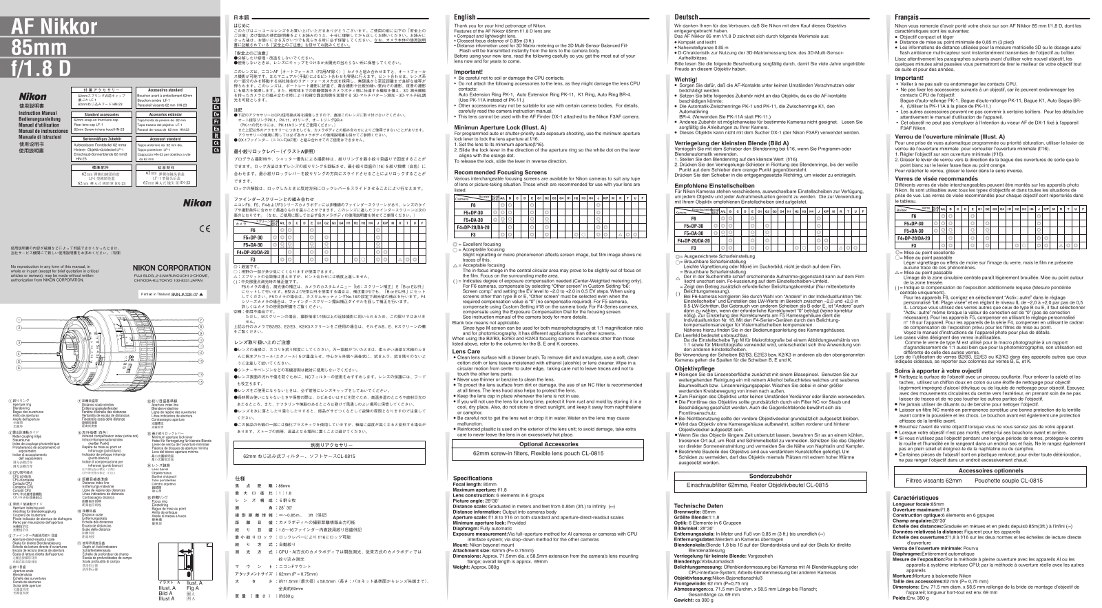 Nikon AF NIKKOR 85MM F/1.8D user Manual