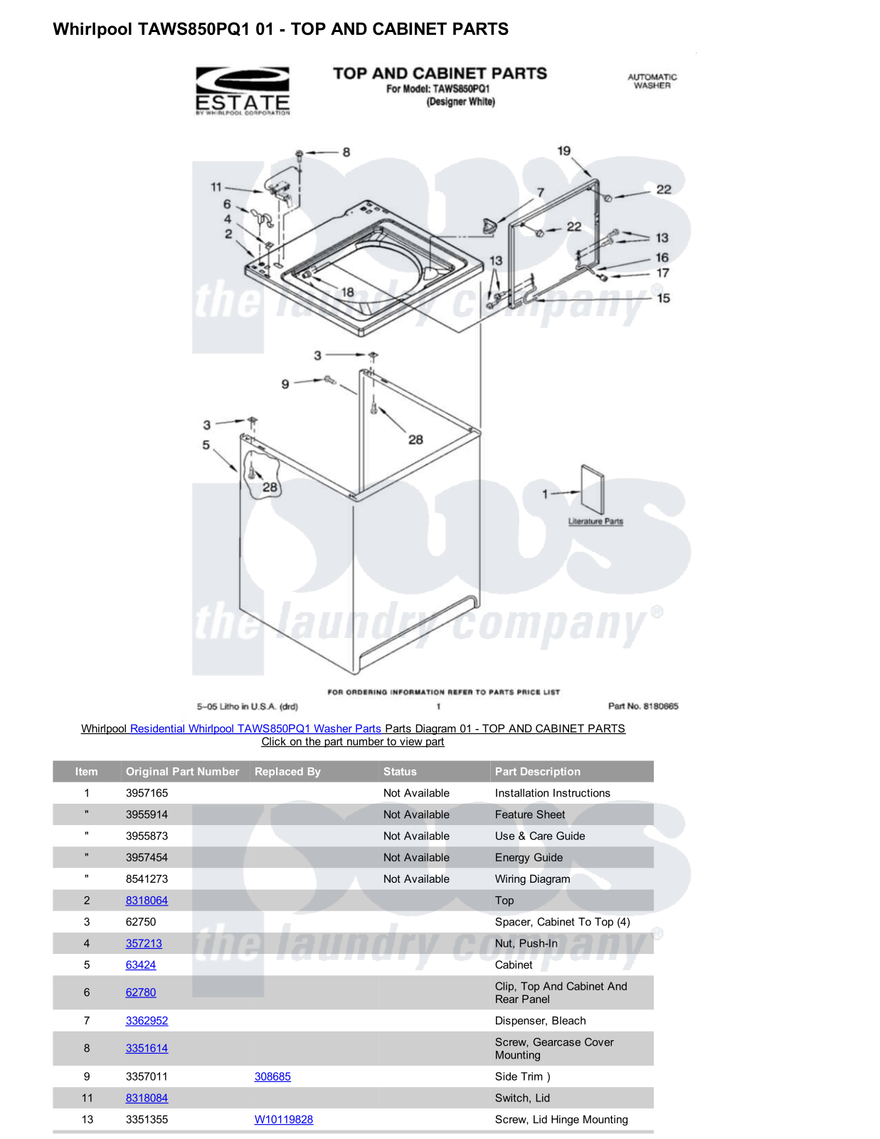 Whirlpool TAWS850PQ1 Parts Diagram