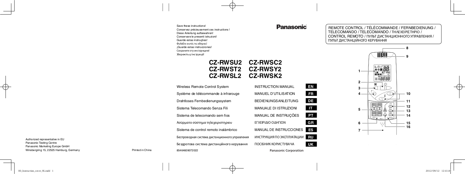 PANASONIC CZRWST2, CZRWSL2, CZRWSK2, CZRWSC2 User Manual