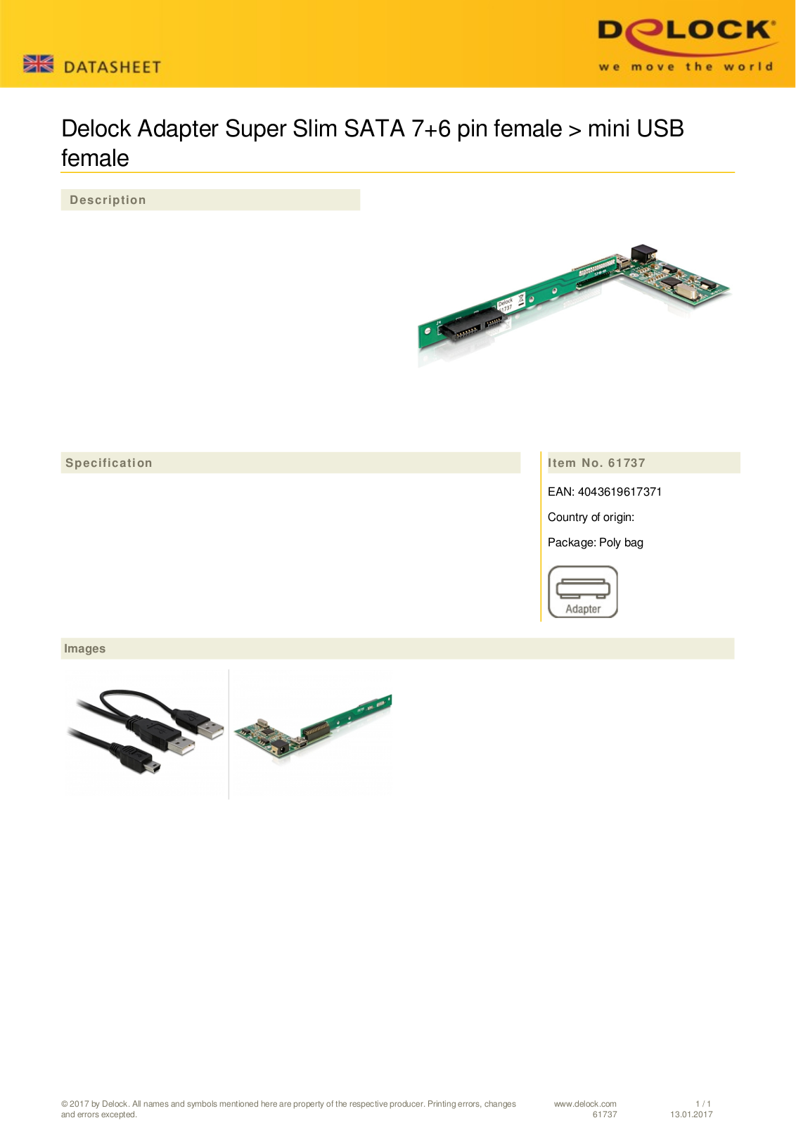 DeLOCK Adapter Super Slim SATA 7+6 pin Buchse auf mini USB Buchse User Manual