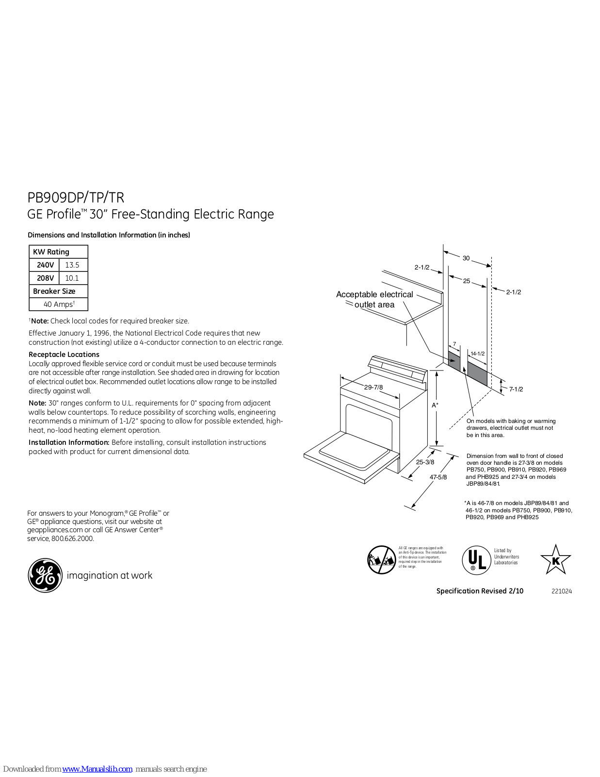 GE Profile PB909, Profile PB909DPBB, Profile PB909TPWW, Profile PB909TRCC Dimensions And Installation Information