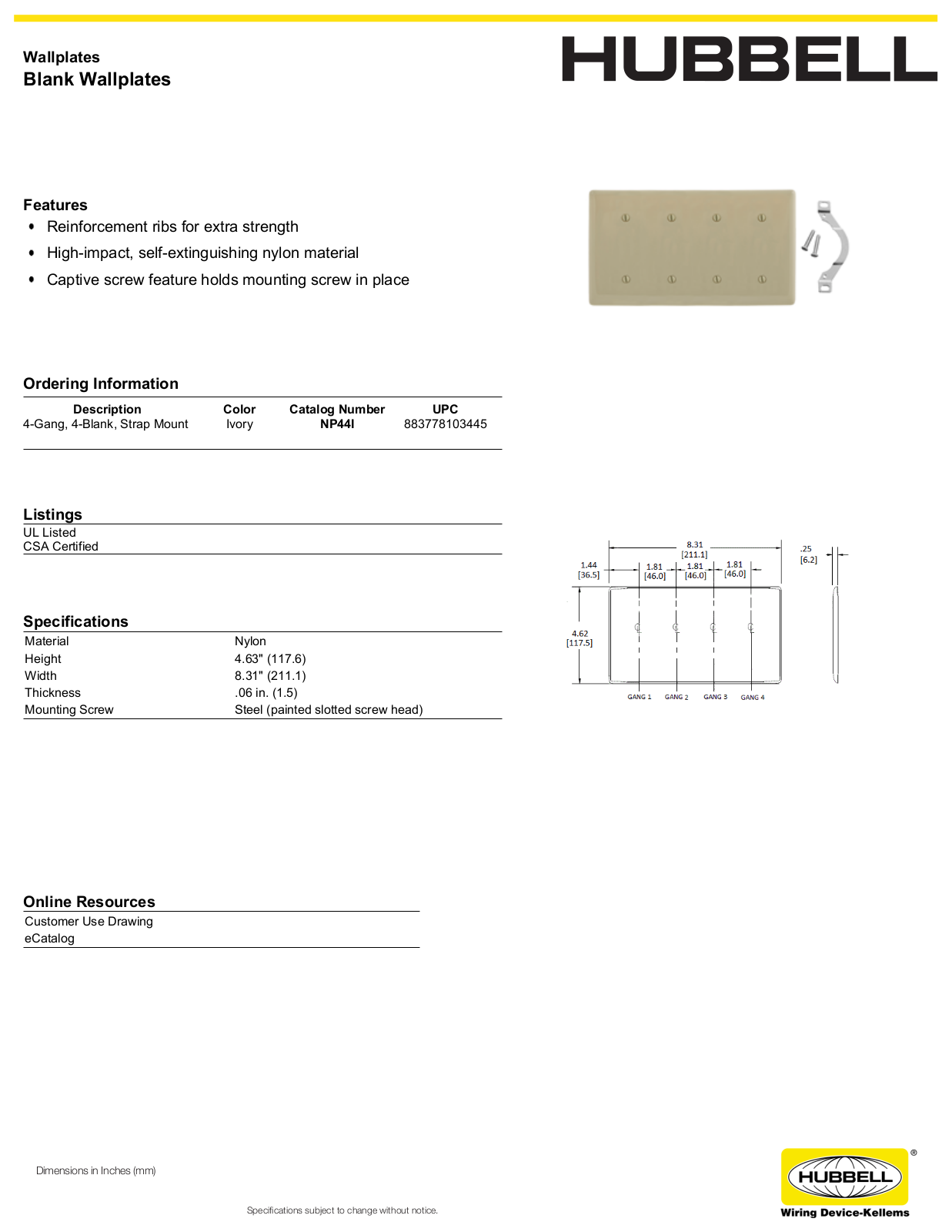 Hubbell NP44I Specifications