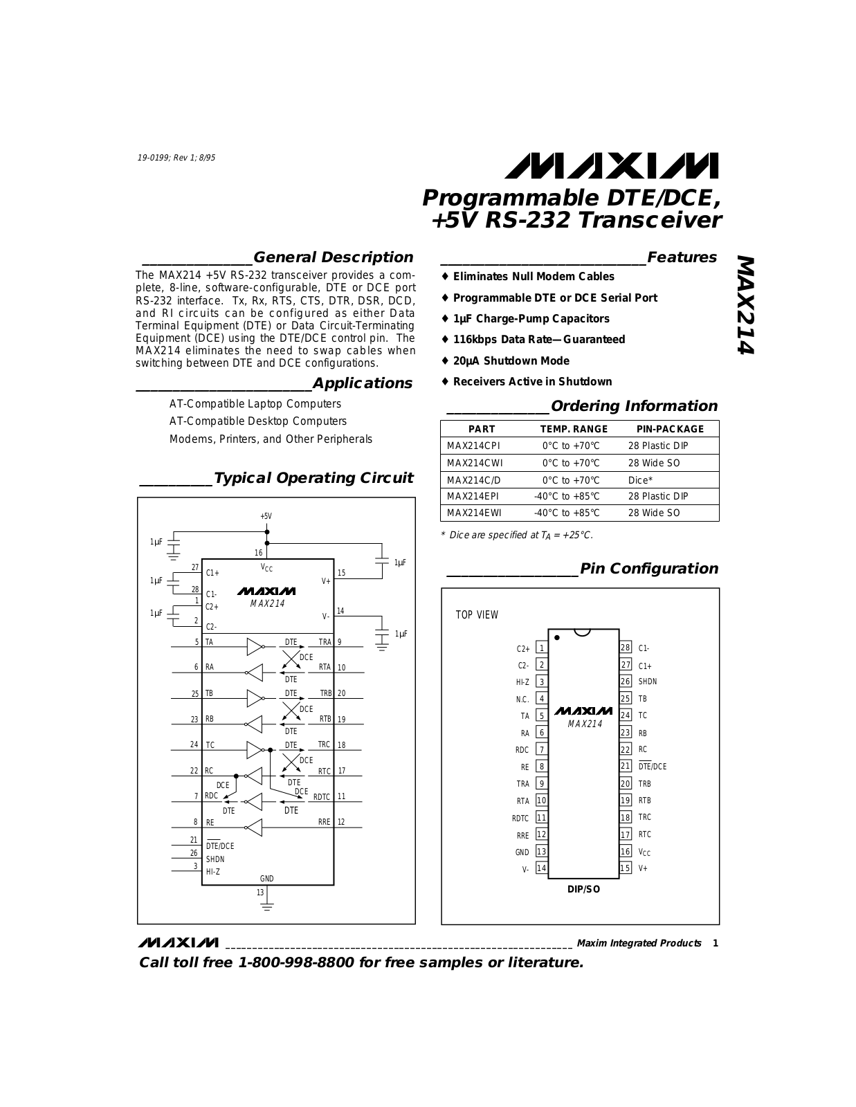 Maxim MAX214EWI, MAX214EPI, MAX214CPI, MAX214C-D Datasheet