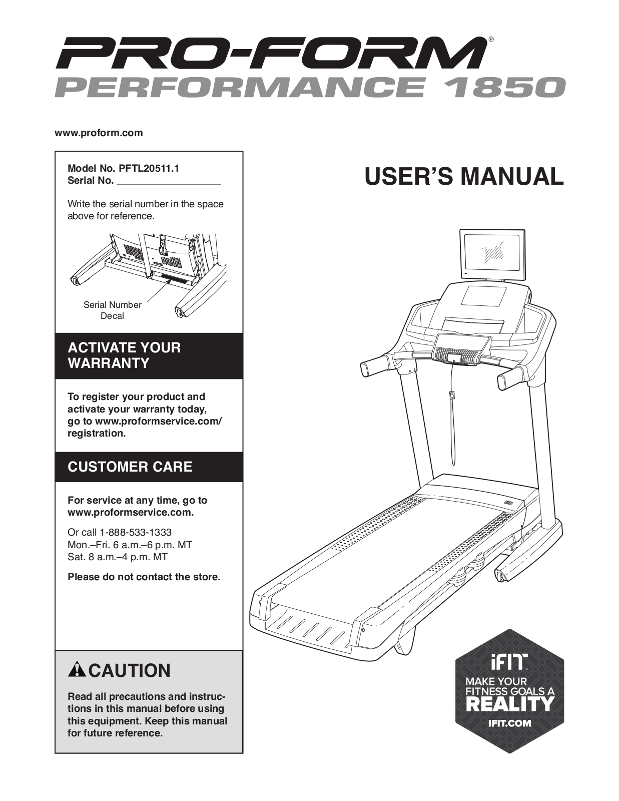 ProForm PERFORMANCE 1850, PFTL205111 Owner's Manual