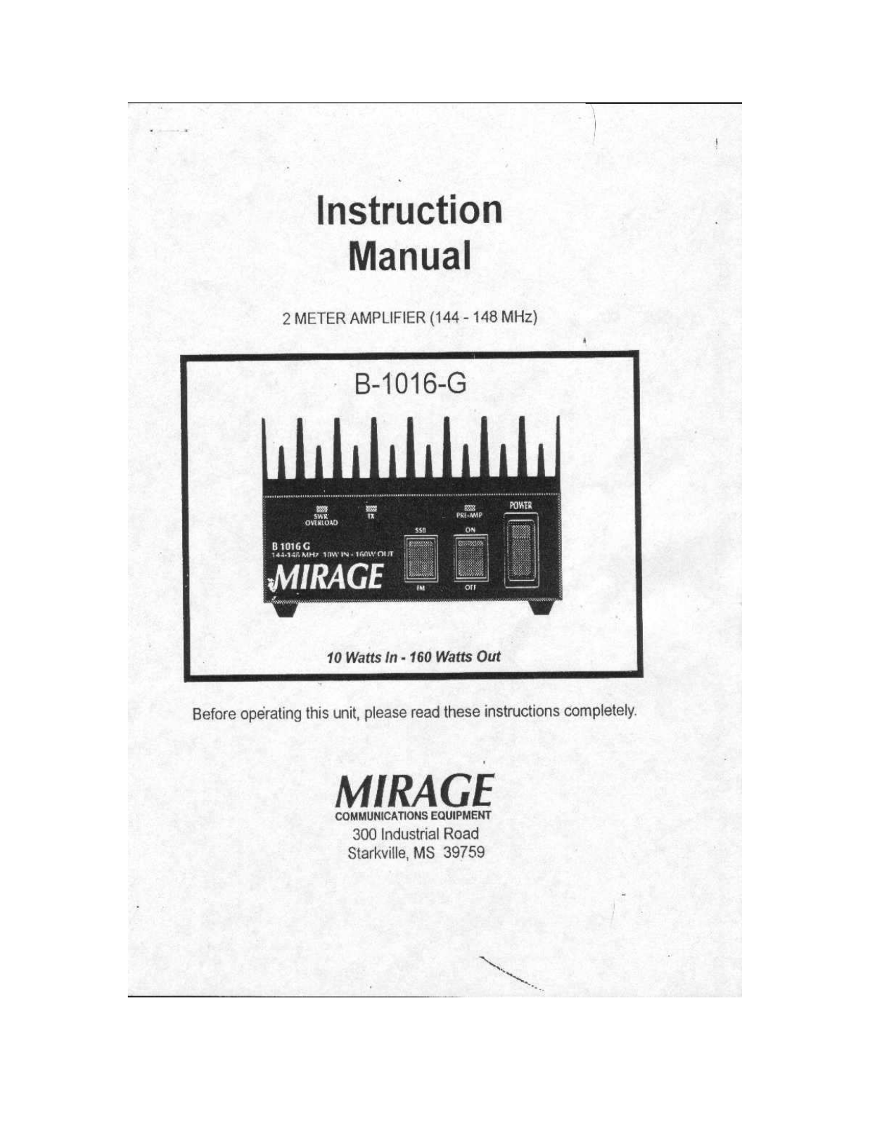 Mirage B1016-G Service manual