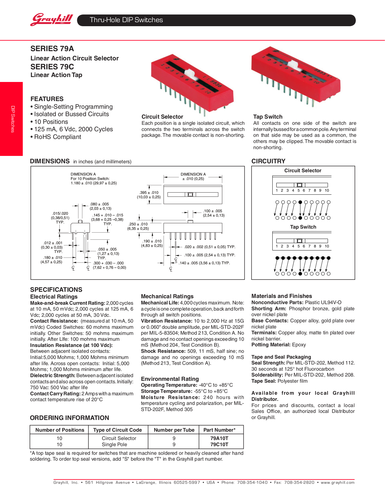 Grayhill DIP Switches Thru-Hole User Manual