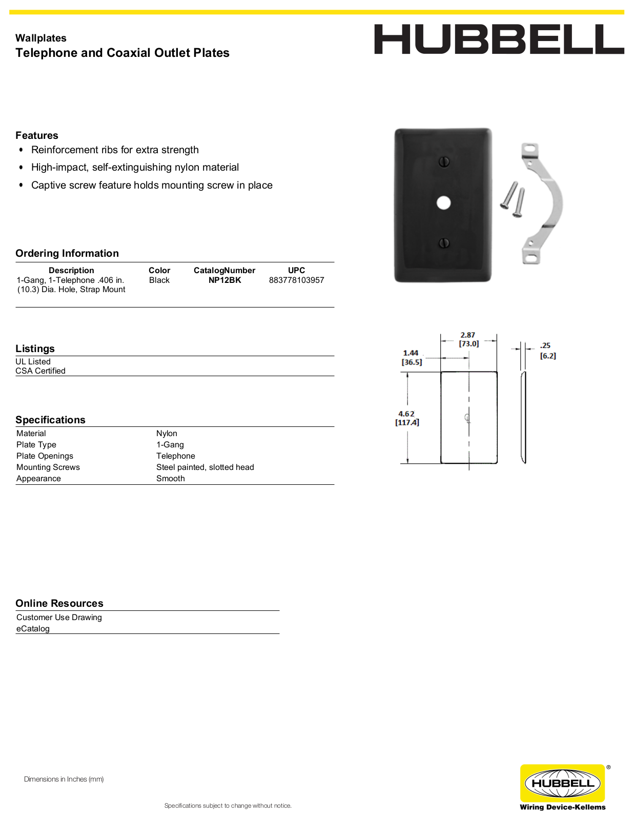 Hubbell NP12BK Specifications