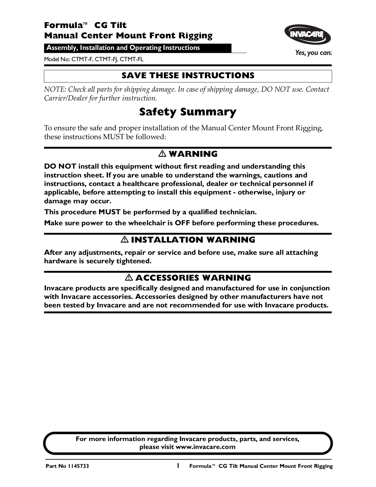 Invacare CTMT-F, CTMT-FJ, CTMT-FL User Manual