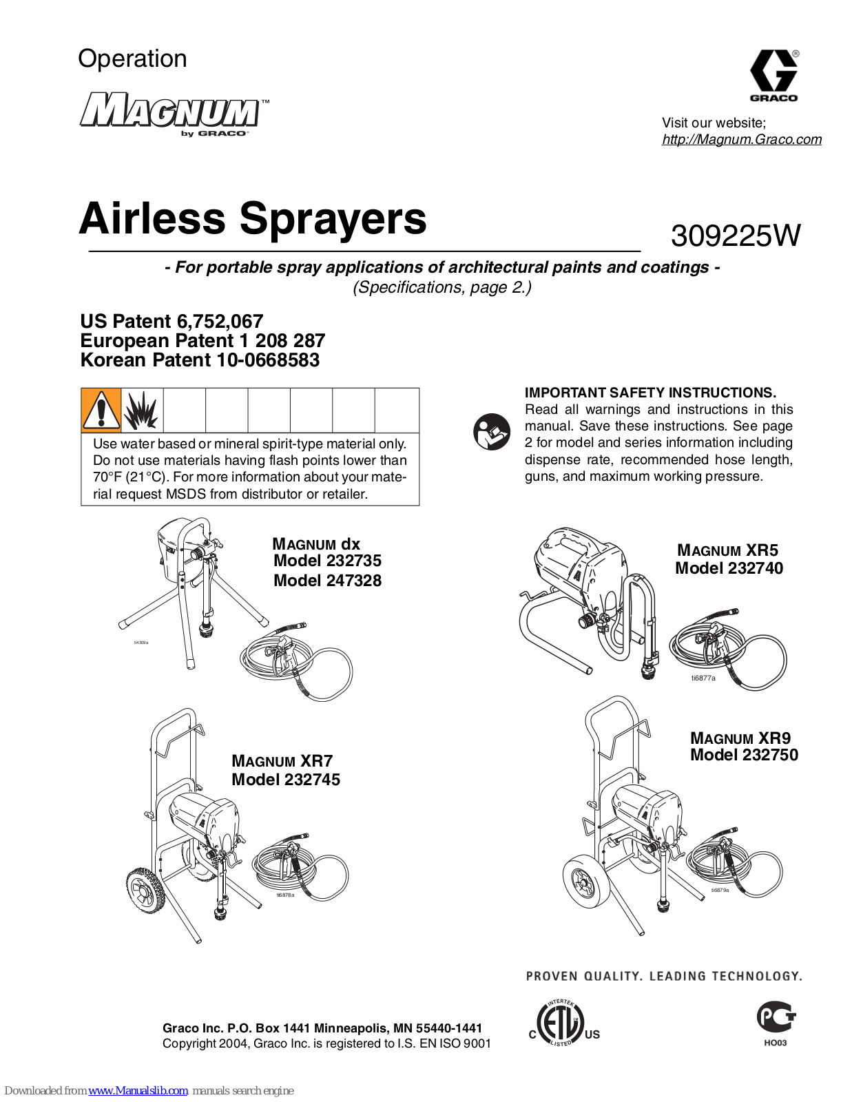 Graco MAGNUM 309225W, MAGNUM dx, MAGNUM XR5, MAGNUM XR7, MAGNUM XR9 Operation Manual