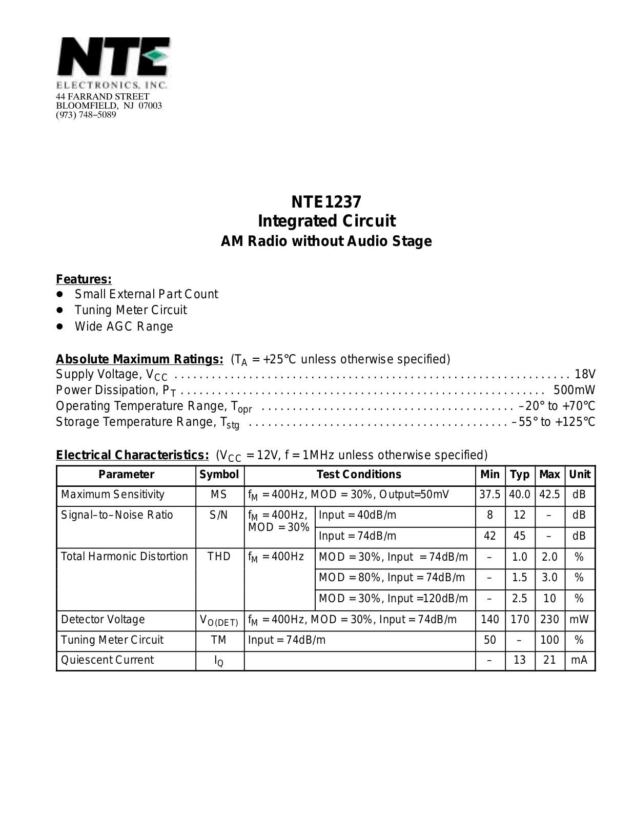 Datasheet NTE1237 Datasheet (NTE) - ManualMachine.com