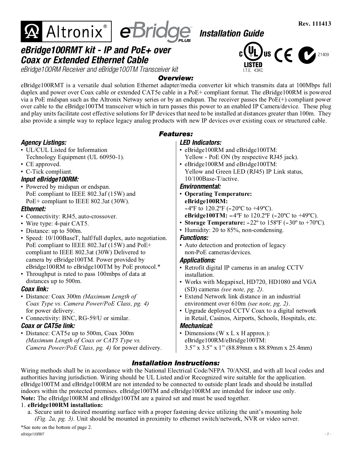 Altronix EBRIDGE100RMT User Manual