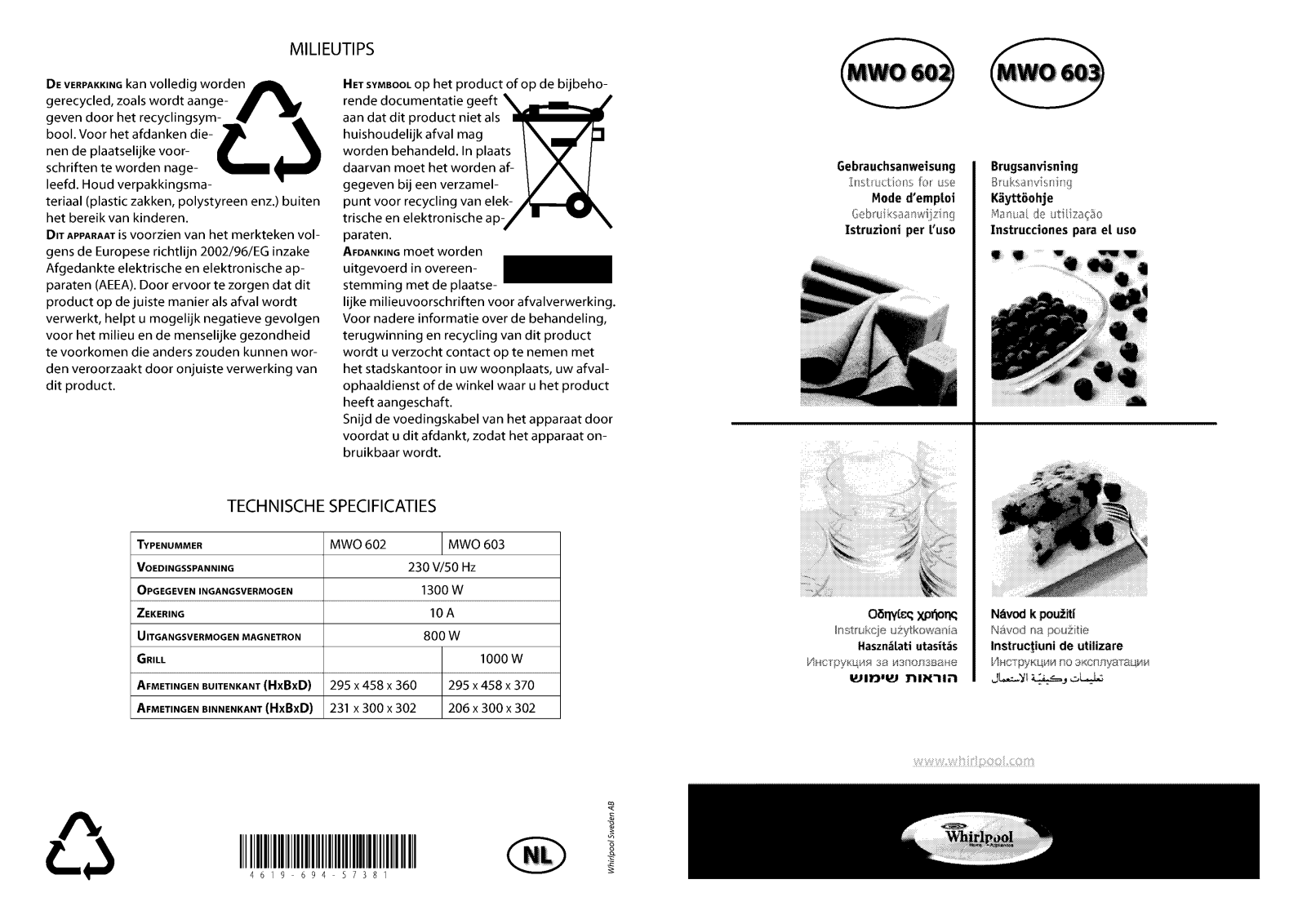 Whirlpool MWO 603/WH INSTRUCTION FOR USE