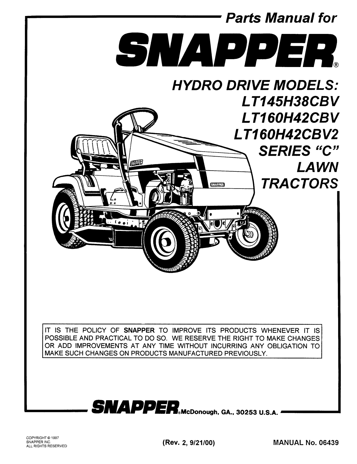 Snapper LT160H42CBV, LT145H38CBV, LT160H42CBV2 User Manual