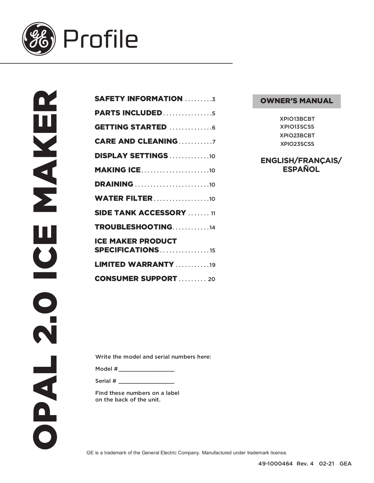 GE XPIO13BCBT, XPIO13SCSS, XPIO23BCBT, XPIO23SCSS Owner's Manual