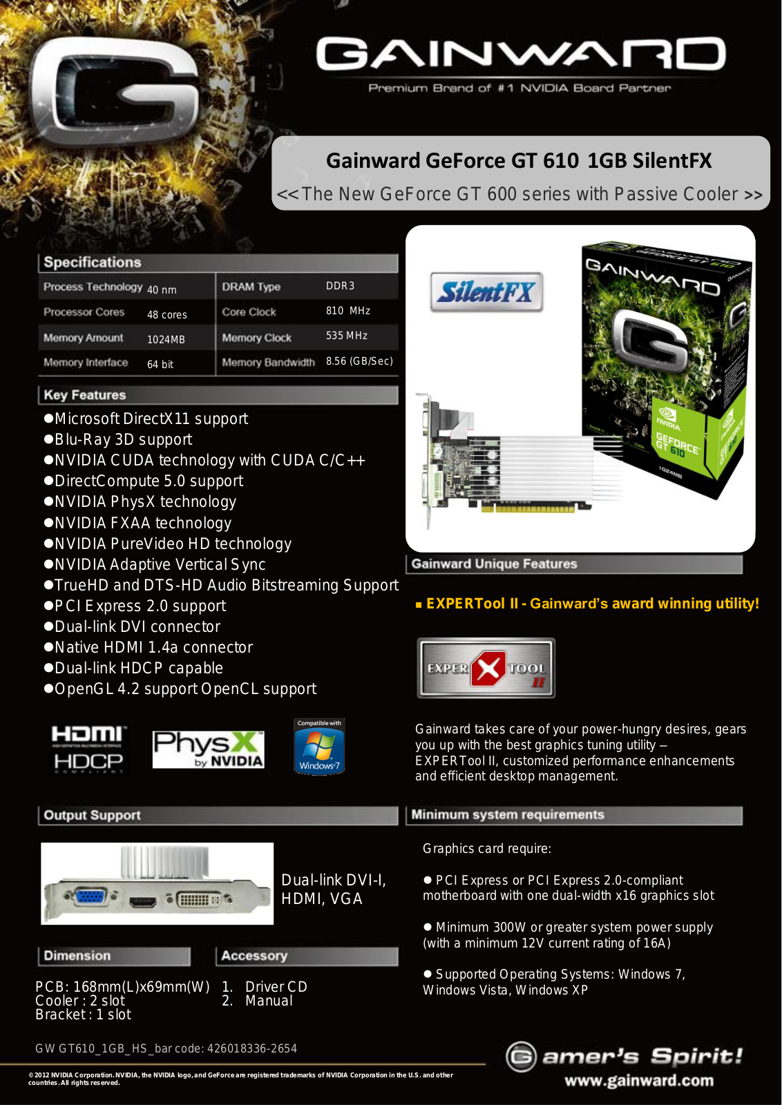 Gainward GeForce GT 610 1GB SilentFX SPECIFICATIONS