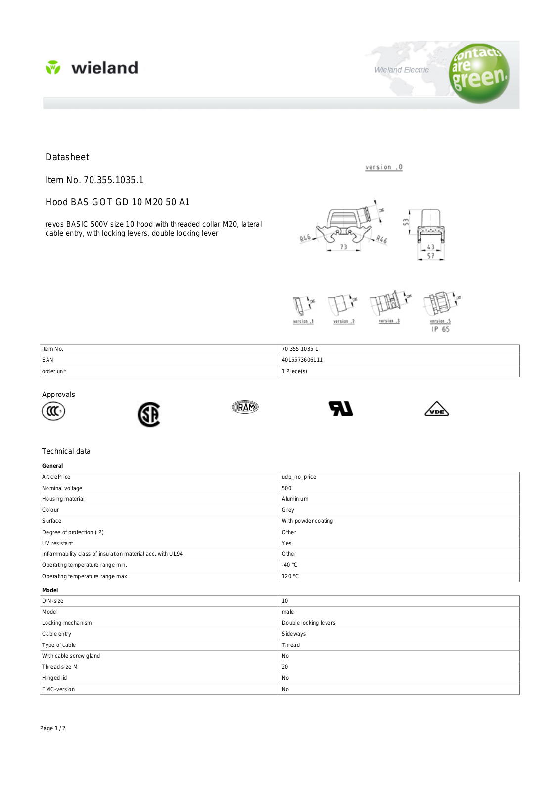 Wieland 70.355.1035.1 Data Sheet