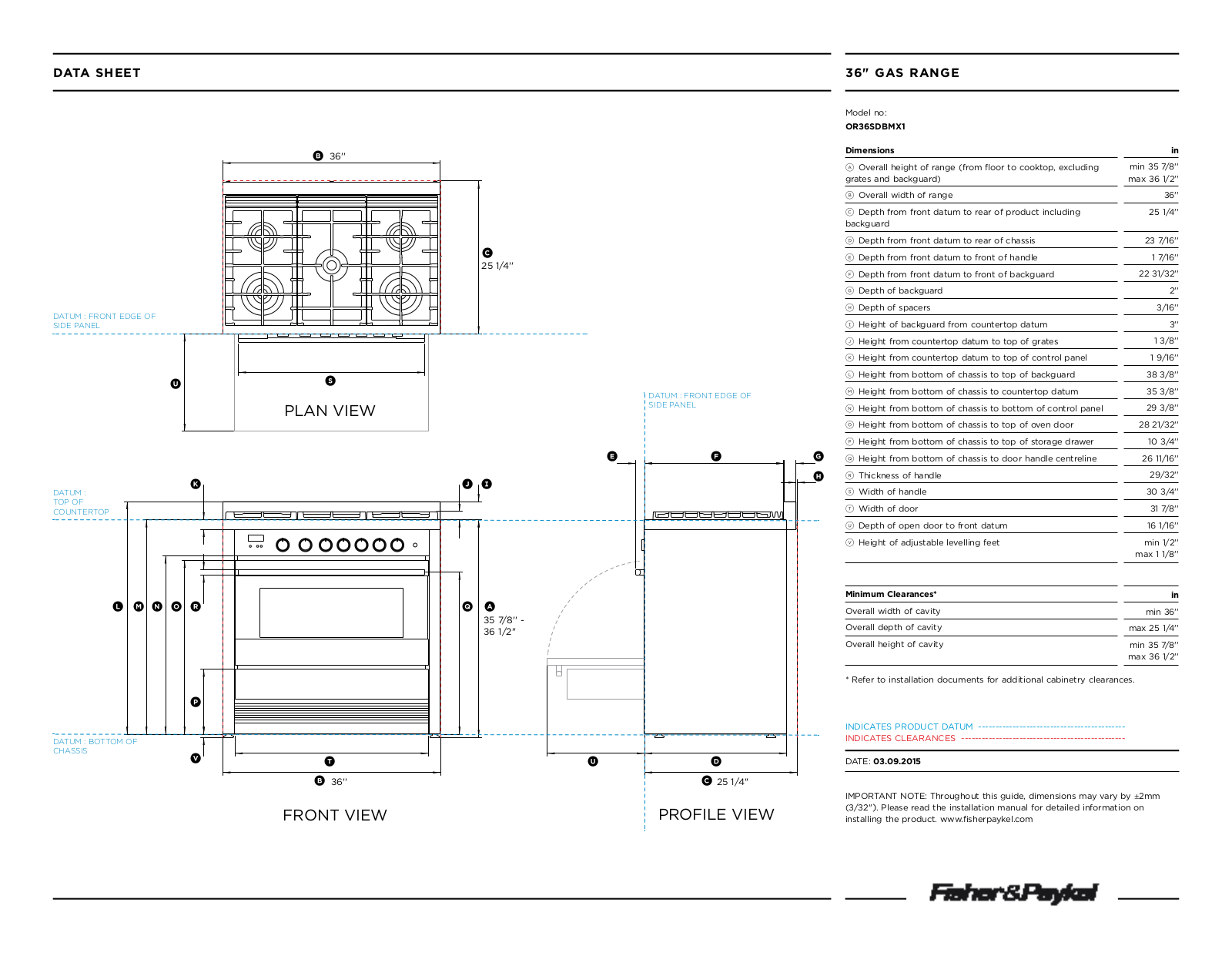 Fisher Paykel OR36SDBMX1 Data Sheet