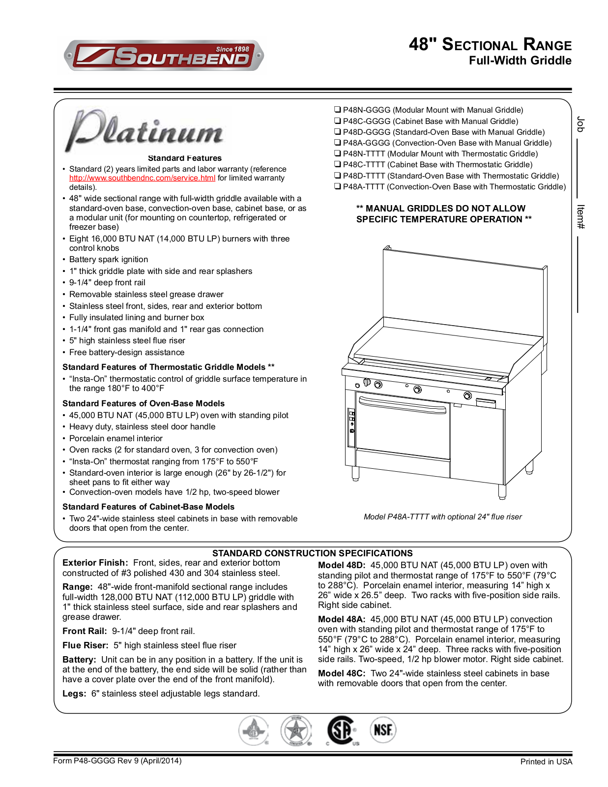 Southbend P48NTTTT, P48ATTTT, P48DTTTT, P48CTTTT Product Sheet