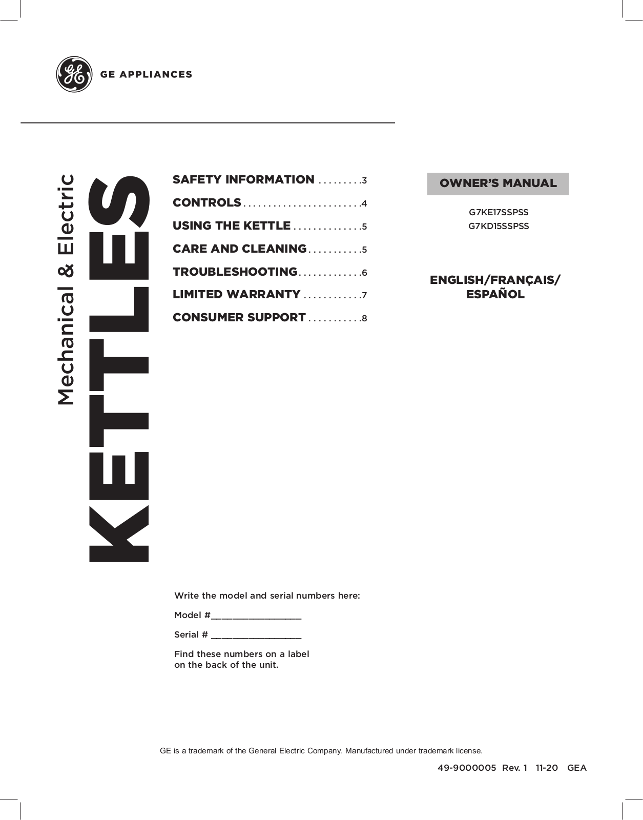 GE G7KE17SSPSS, G7KD15SSPSS Owner’s Manual