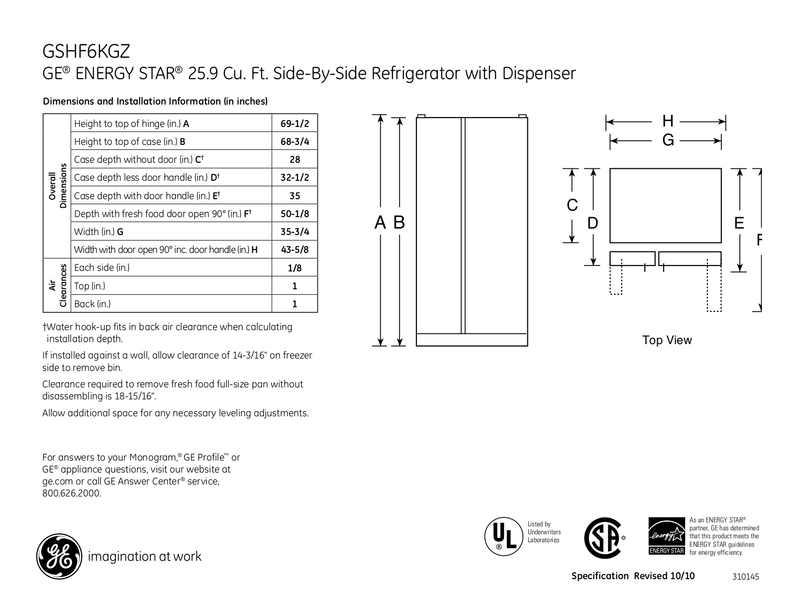 General Electric GSHF6KGZCC User Manual