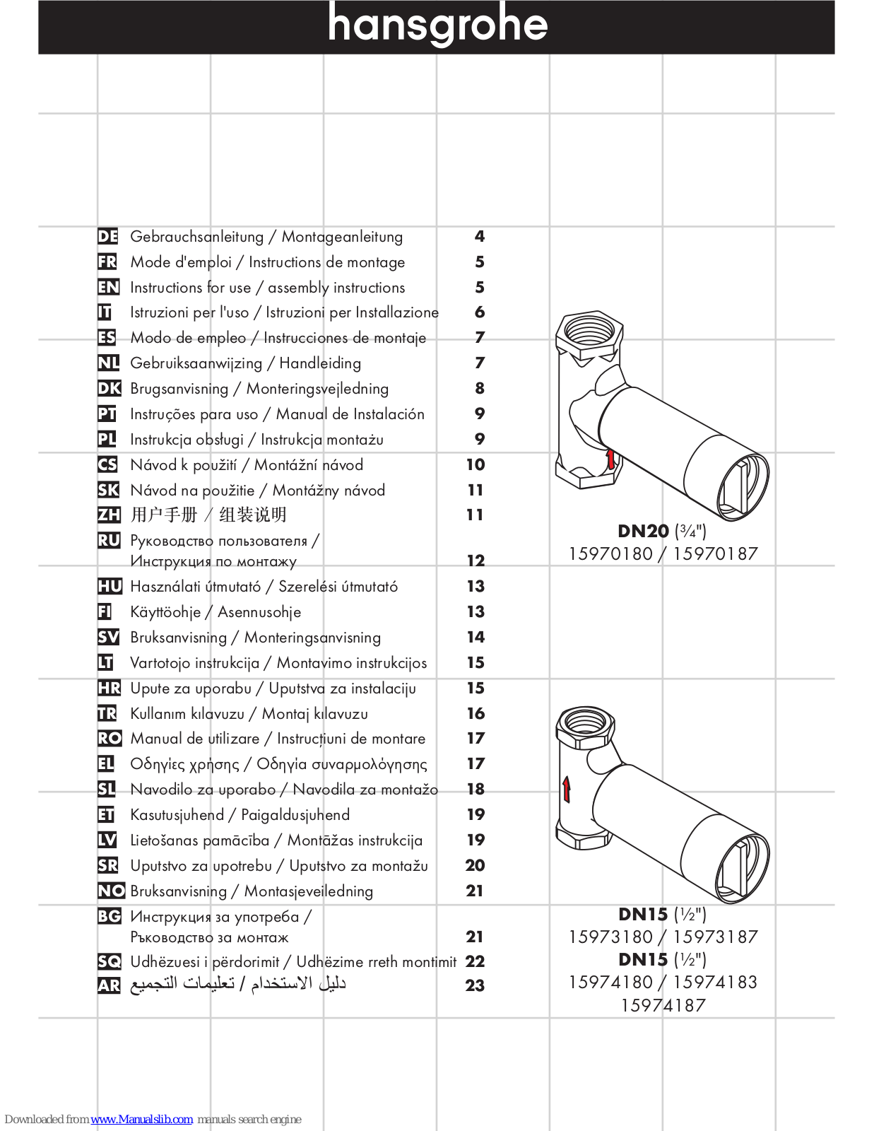 Hansgrohe 15970187, 15973180, 15970180, 15973187, 15974180 Instructions For Use And Assembly