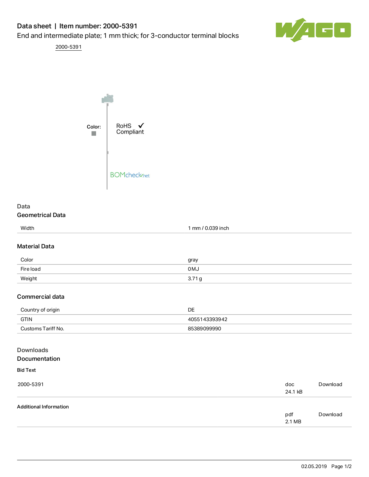 Wago 2000-5391 Data Sheet