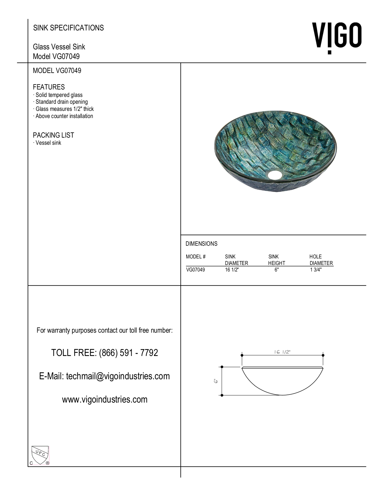 Vigo VG07049, VGT549, VGT550 Specifications