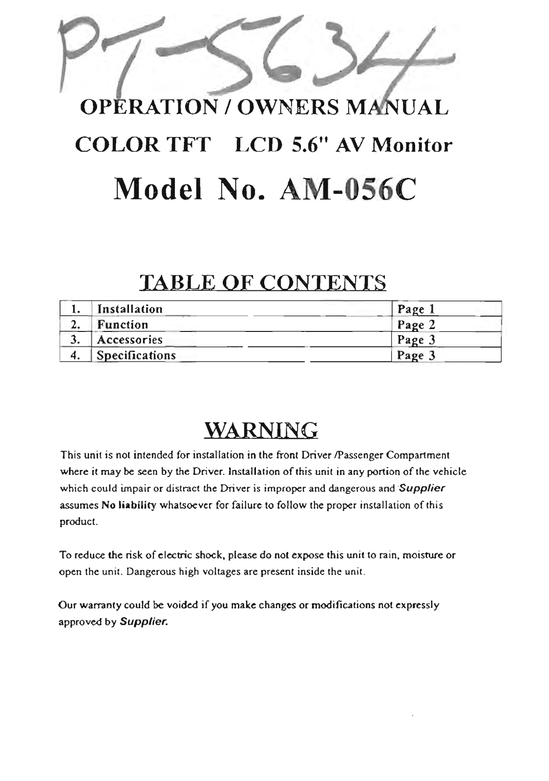 Power Acoustik PT-5634 Owners Manual