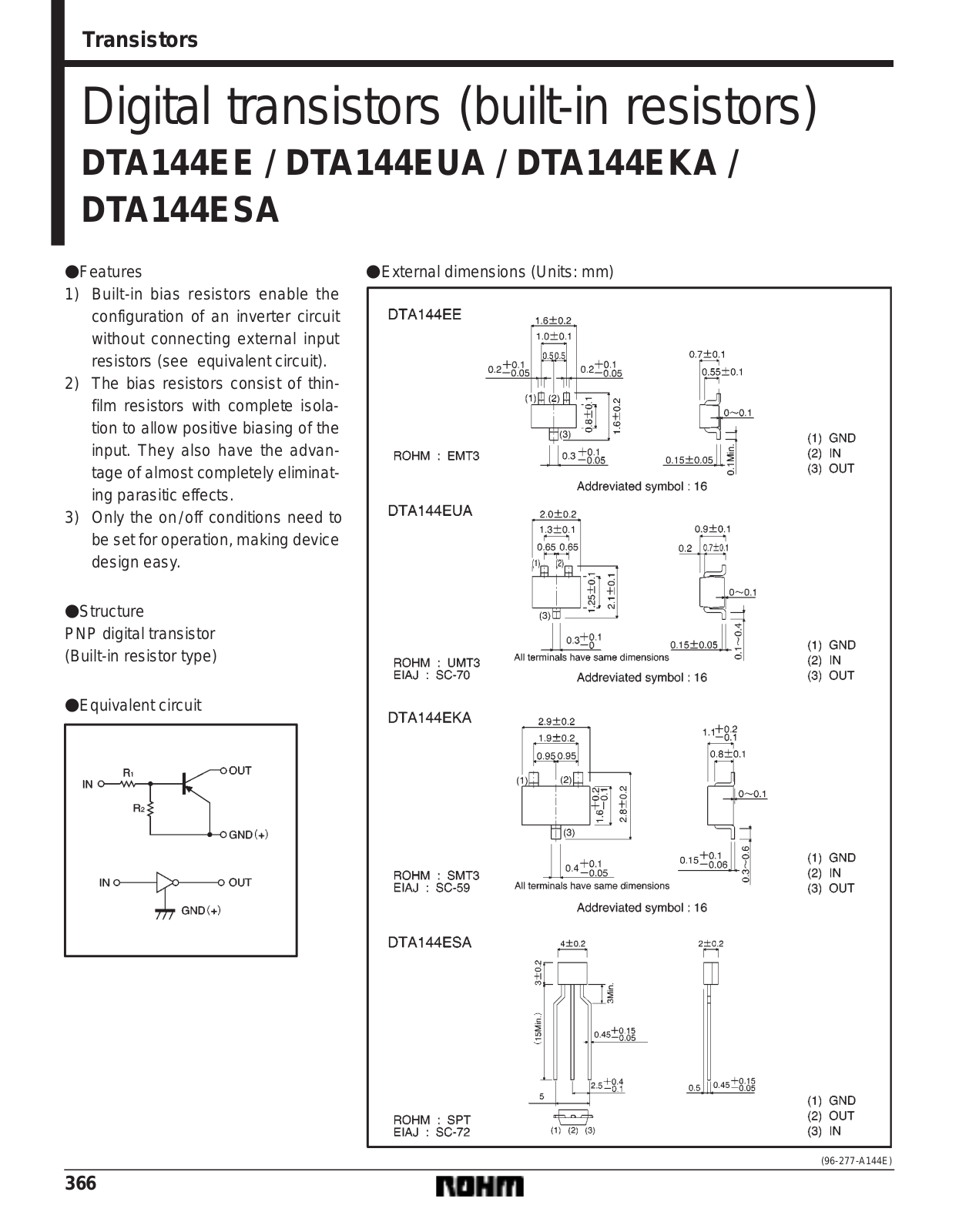 ROHM DTA144EUA, DTA144ESA, DTA144EE Datasheet