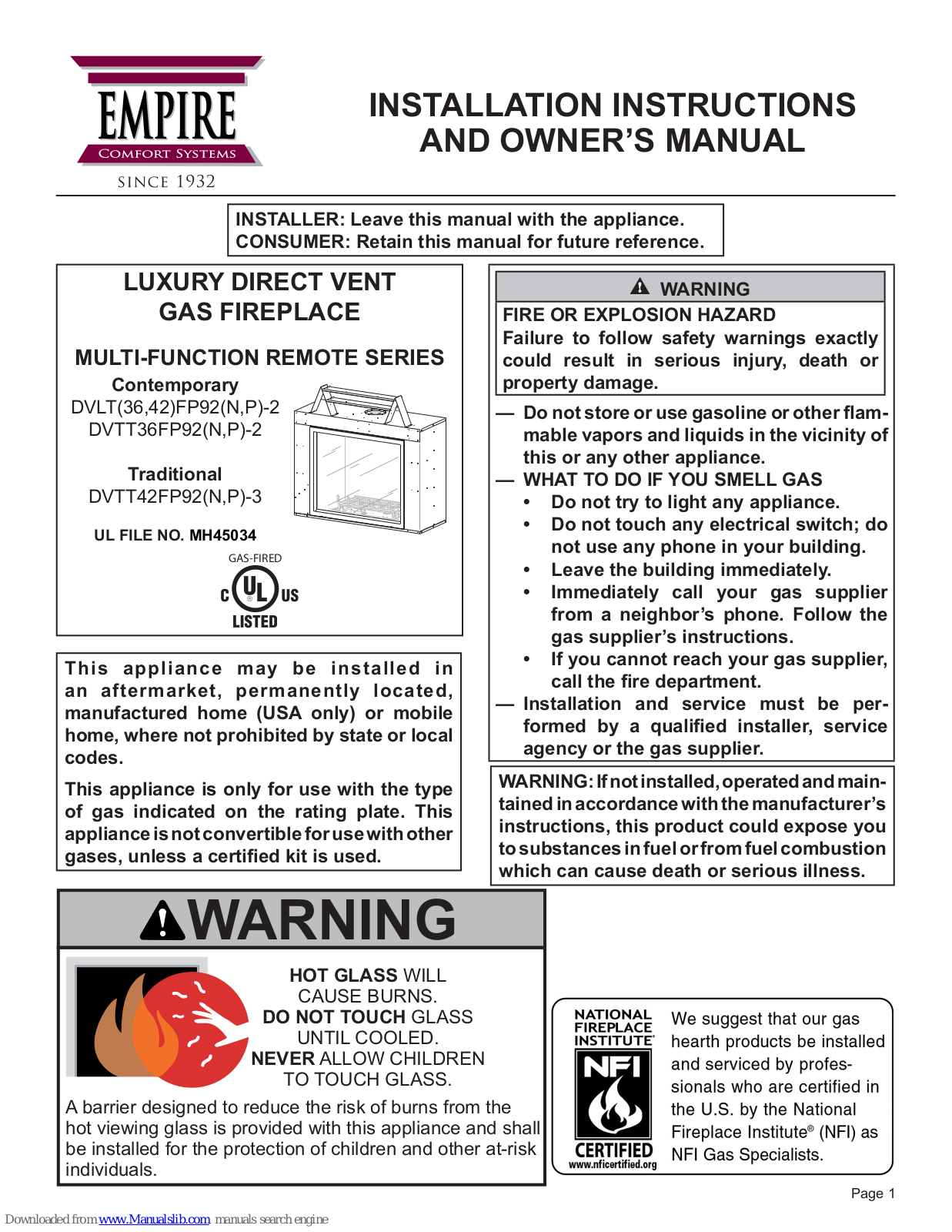 Empire Comfort Systems DVLT36FP92N-2, DVLT42FP92P-2, DVTT42FP92N-3, DVTT36FP92N-2, DVTT42FP92P-3 Installation Instructions And Owner's Manual